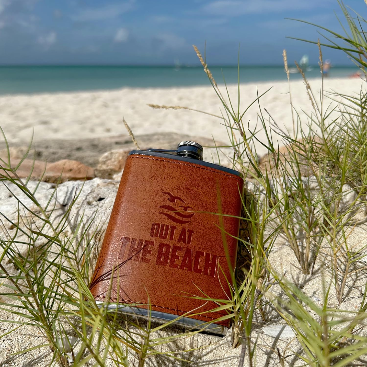 Pavilion Gift Company - Out At The Beach - 8oz Stainless Steel Flask, Flasks for Liquor for Men & Women, Funny Gifts for Men & Women, Cool Flasks, Groomsman Gifts, 1 Count (Pack of 1), 3.75” x 5.25”