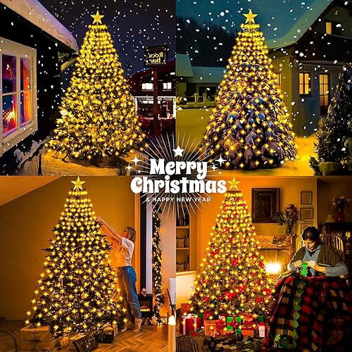 Miniatura 7 de TonyEst Luces de árbol de Navidad con estrella, 400 luces LED de Navidad amarillas cálidas, 6.6 pies x 16 líneas, con 8 modos y función de memoria,