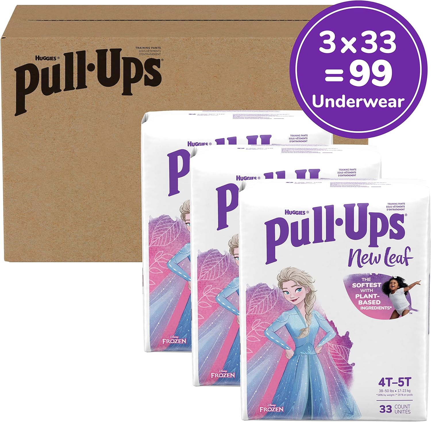 Pull-Ups New Leaf Girls' Disney Frozen Potty Training Pants, 4T-5T (38-50 lbs), 99 Ct (3 packs of 33), Packaging May Vary