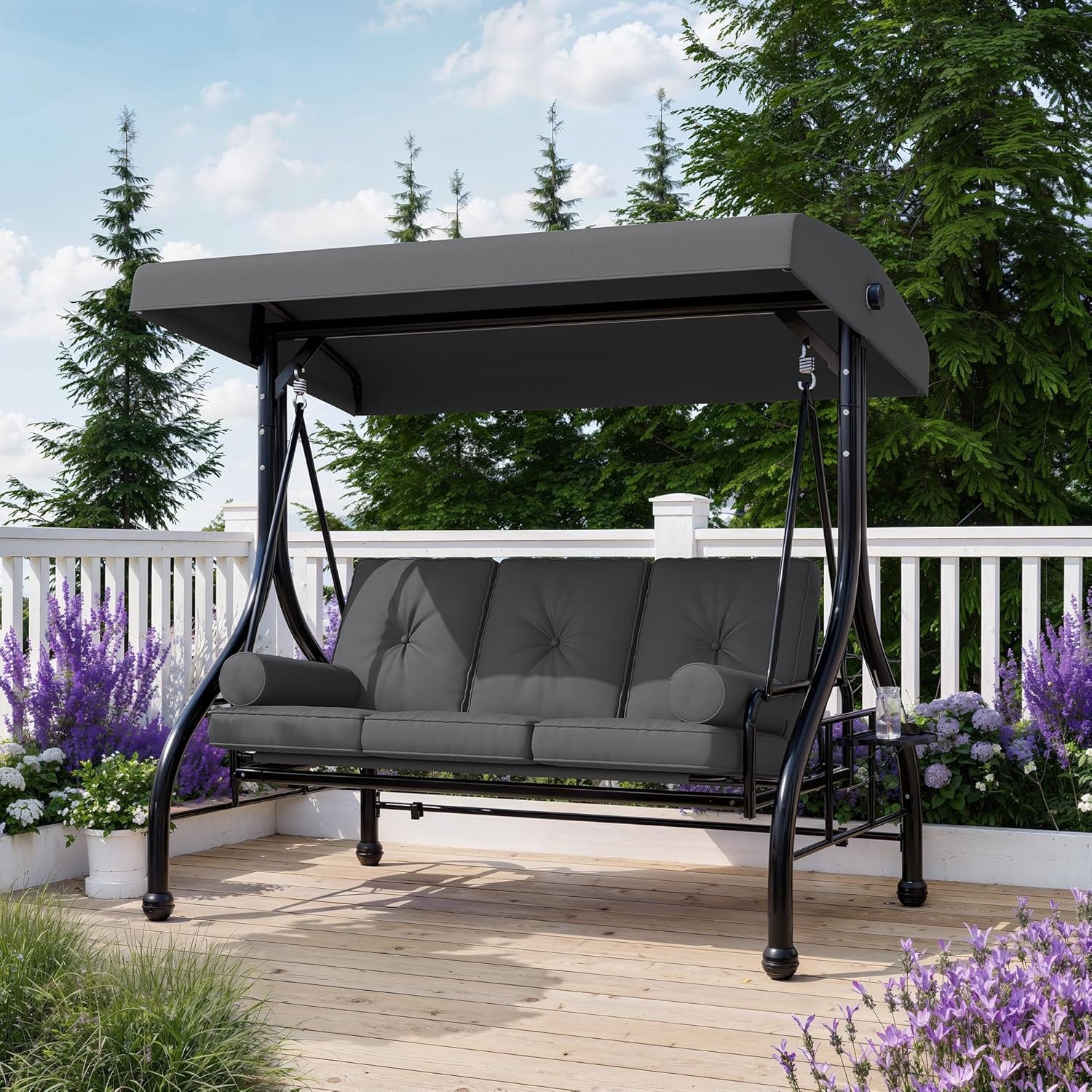 Outdoor Porch Swing with Adjustable Canopy, 3-Seat Patio Swing Chair with Stand, 800LBS Heavy Duty Outdoor Swing for Adults with Cup Holder Tray, Cushion & Pillows, Patio Swings with Canopy for Garden