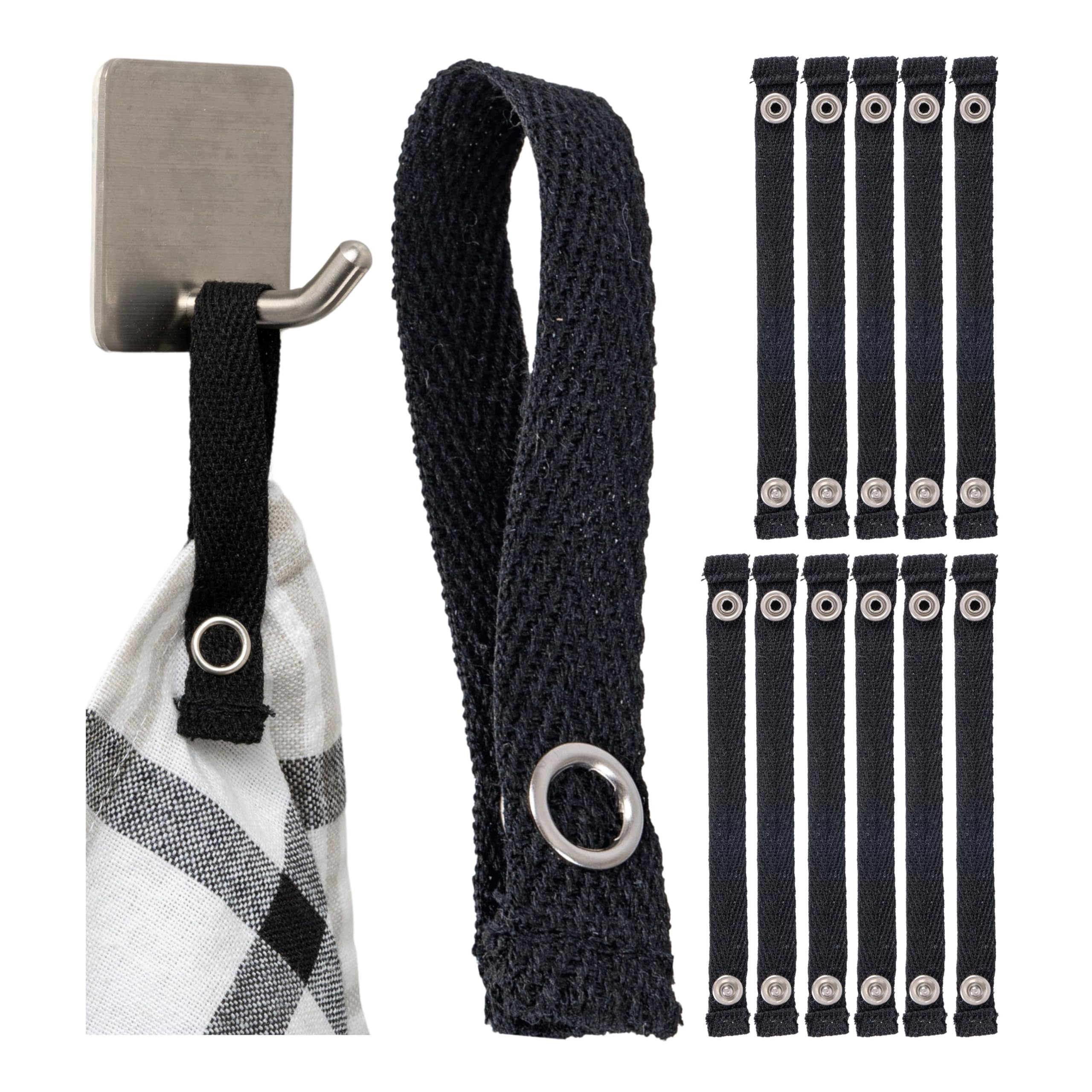 Your Day Mate No-sew Hangers for Textiles, 12 Pack, 150 x 12 mm Loops, in Black, Made of Cotton, snap Fastener, Hanger tabs for Tea Towel, Bath Towel, rag, Cloth, Decoration, Camping