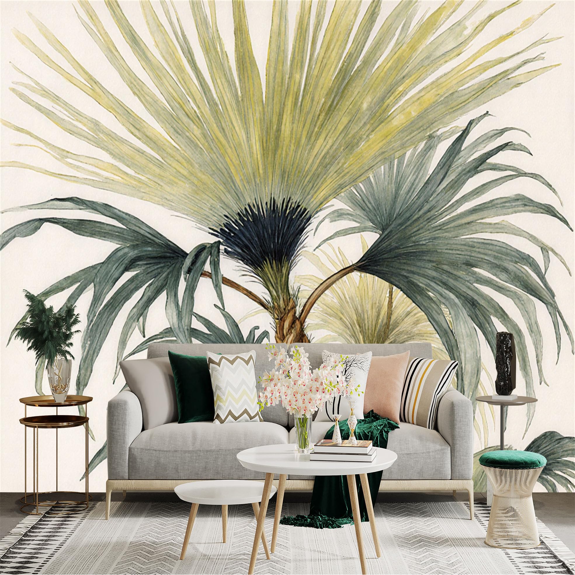 Custom Size Wall Sticker Mural， Watercolor Fan Palm Leaves， Tropical Botanical Plant Art， Elegant Neutral Home Decor， for wall Decoration， peelandstick wall Decals.