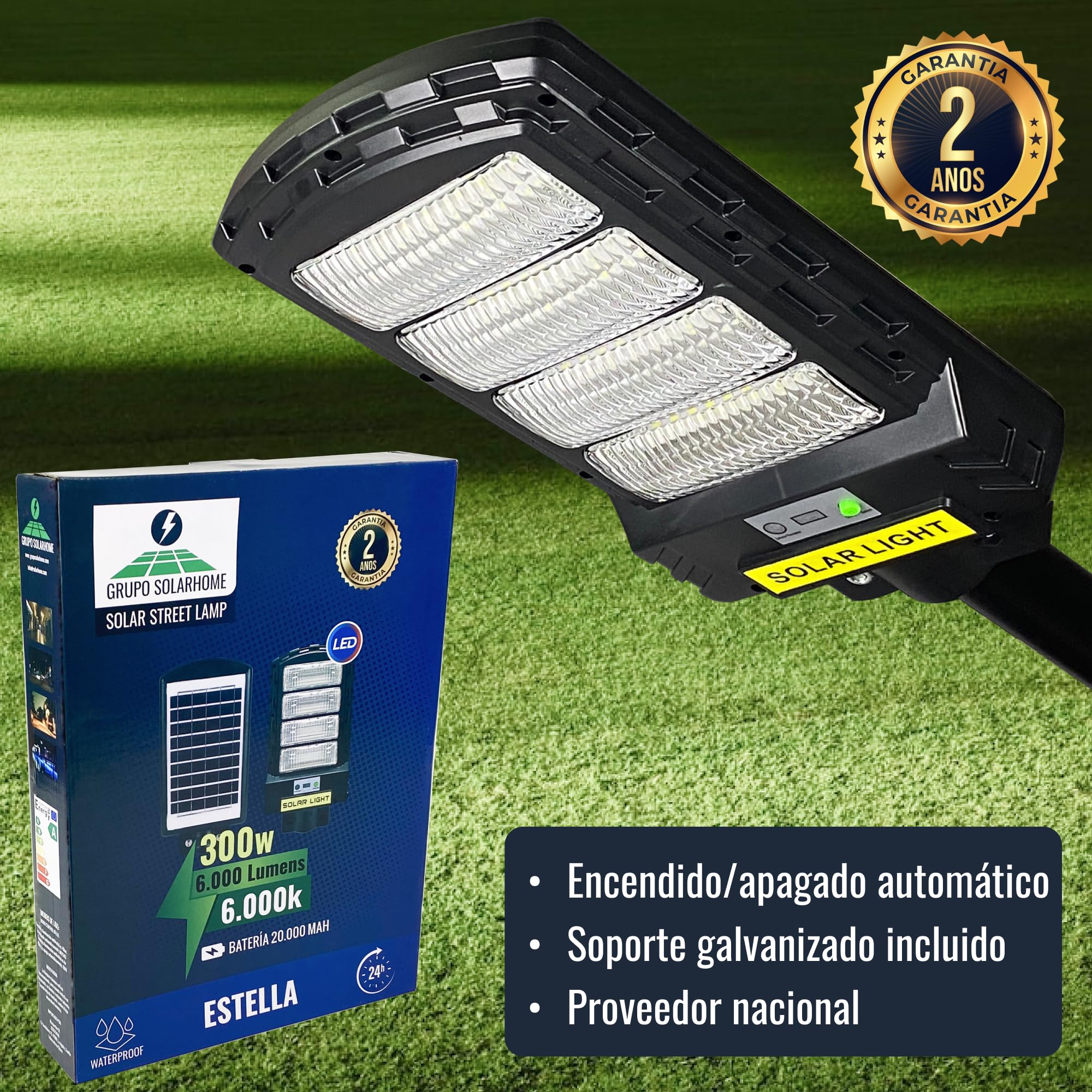 Farola Solar Exterior LED 300W | Lampara Solar Exterior Jardin | Luz Solar Exterior | 6000 Lúmenes | 48H Autonomía | Mando a Distancia | IP65 Impermeable | SET de Montaje Incluido (4)