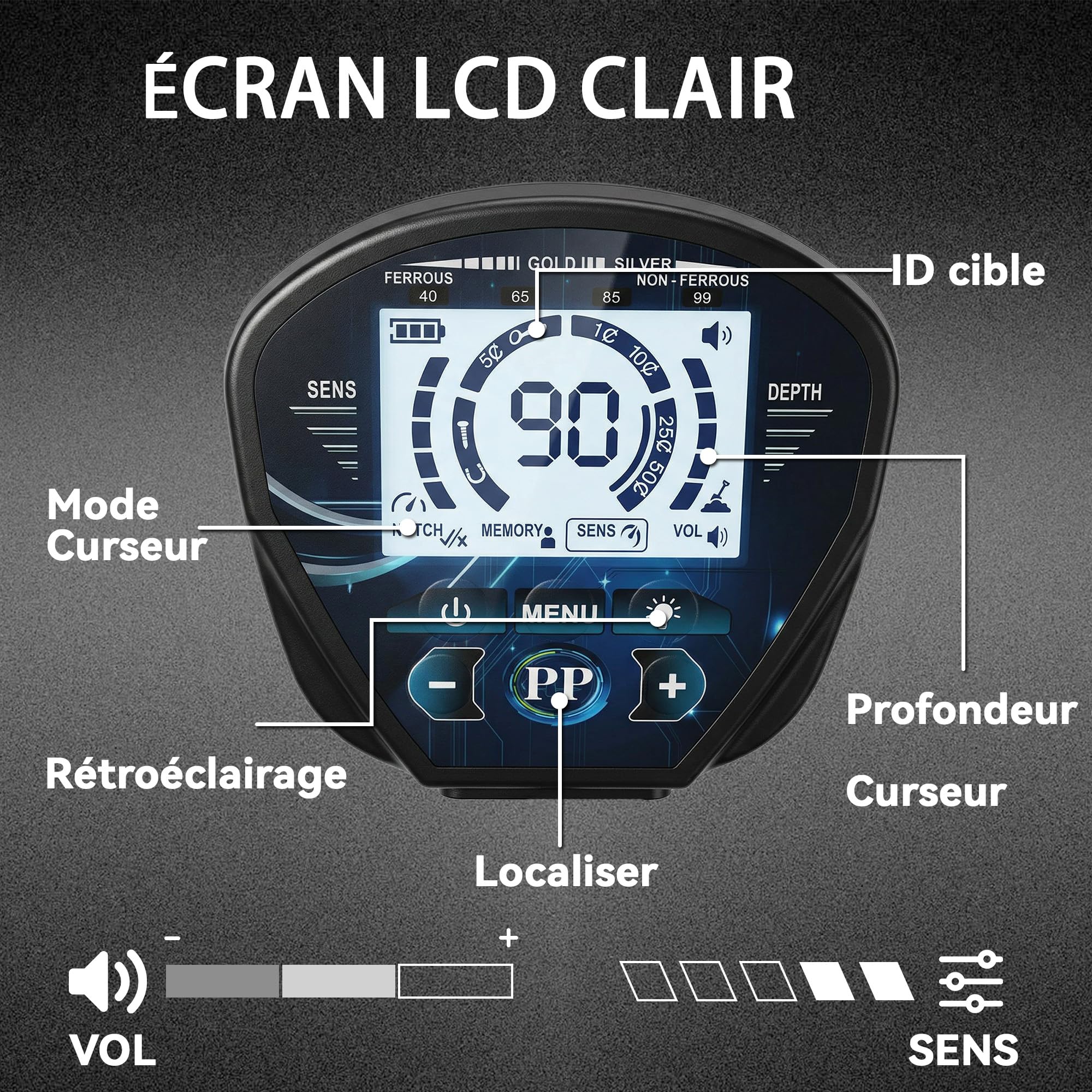 Outsunny Détecteur de Métaux Professionnel pour Adultes, Bobine IP68 LCD