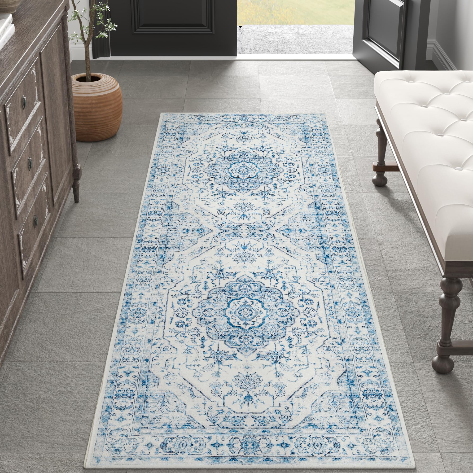 jinchan 2x6 Hallway Rug Washable Medallion Floral Kitchen Runner Vintage Non Slip Thin Soft Rug for Entryway Bedroom Laundry Distressed Blue
