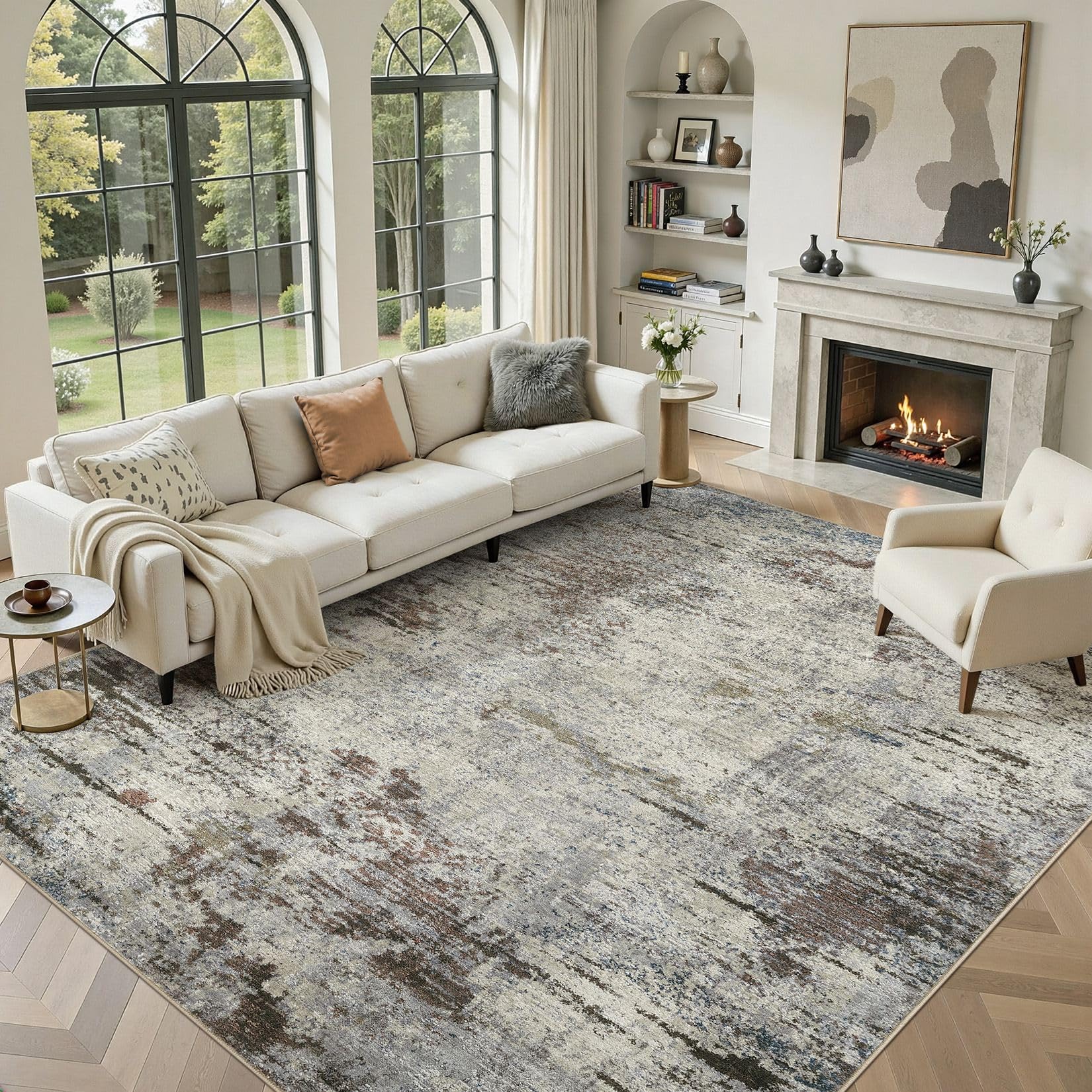 DMOYEST Washable Rugs Living Room 300x400cm - Large Abstract Neutral Modern Soft Non Slip Low Pile Kid Pet Friendly Carpet for Bedroom Dining Home Office - Brown Rust