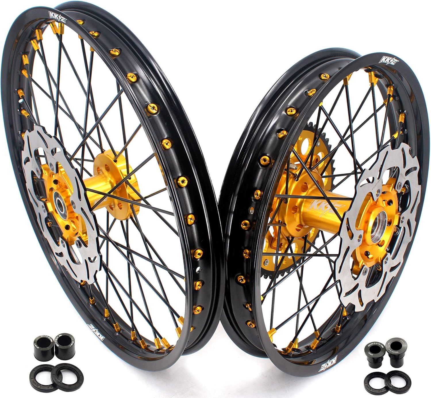 KKE 1.6 * 21 & 2.15 * 18 Enduro Motorcycle Wheels Rims Compatible with SUZUKI DRZ400S 2000-2025, DRZ400E 2000-07, DRZ400 2000-04 with 250MM Front Disc, 220MM Rear Disc,Gold Sproket,Black Spokes
