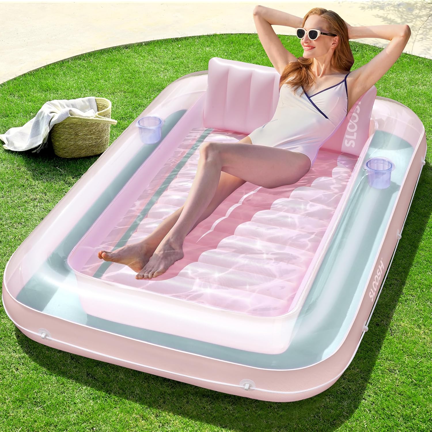 SLOOSH Inflatable Tanning Pool Lounger Float, 70″ x 46″ Pool Floats Adult with Pillow, 4 in 1 Suntan Tub Raft Floatie,Sunbathing Bed Lounge for Water Blow Up Kids Ball Pit Party Gifts, L-Cyan Pink