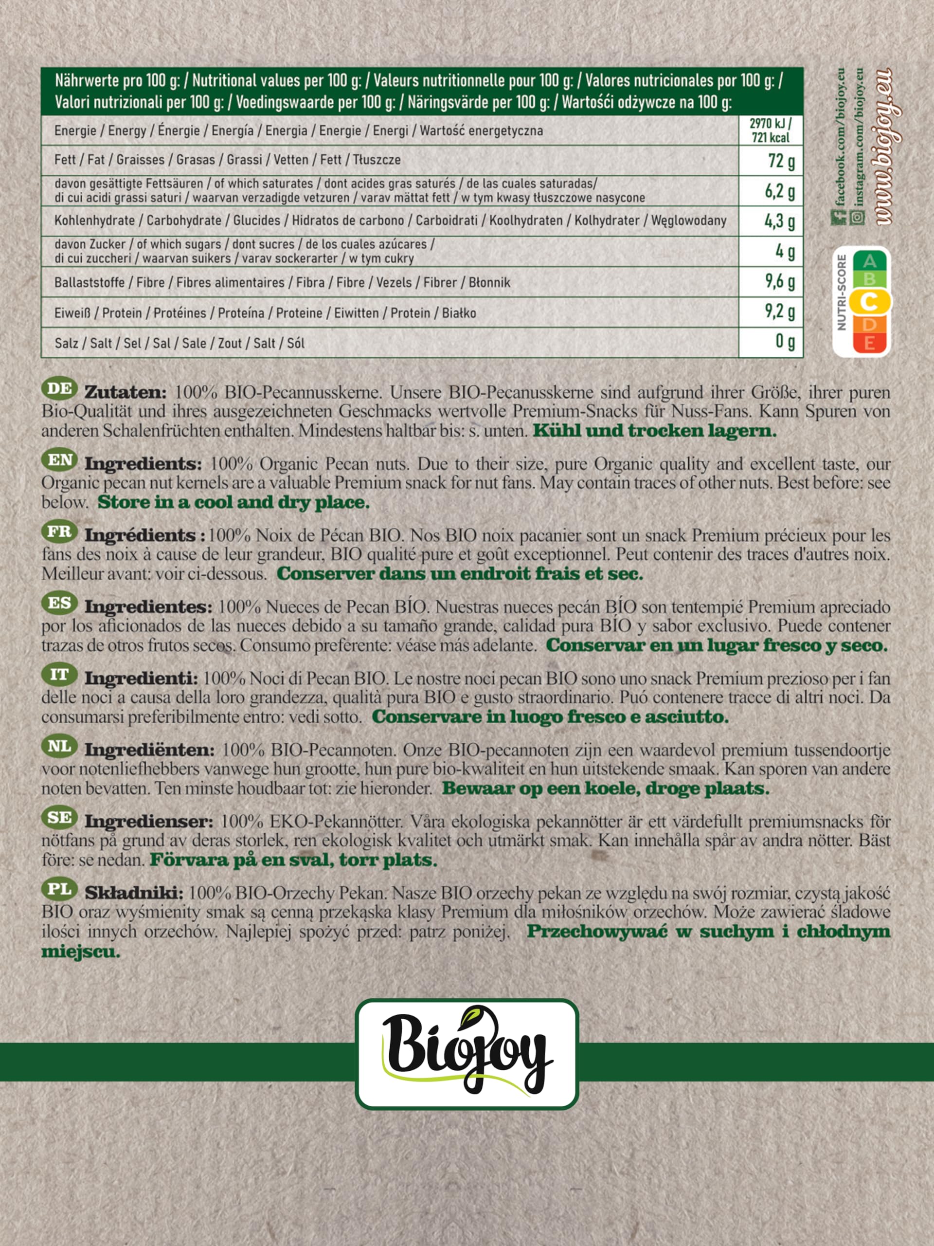 Biojoy Noci Pecan BIO (1 kg), Noci Pecan a metà, crude e non salate