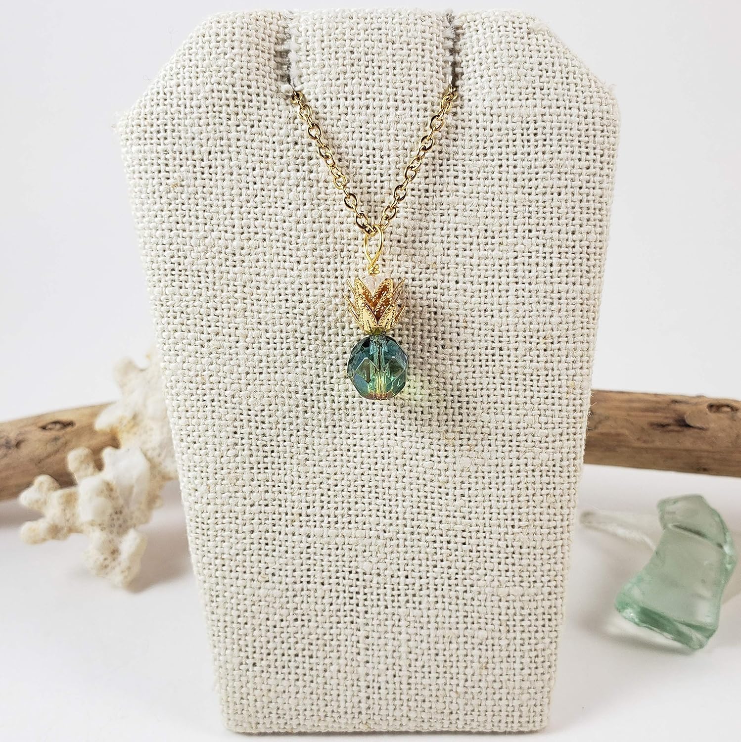 Pineapple green and gold necklace in gold-hypoallergenic for sensitive skin, Handmade in Hawaii Beach Jewelry
