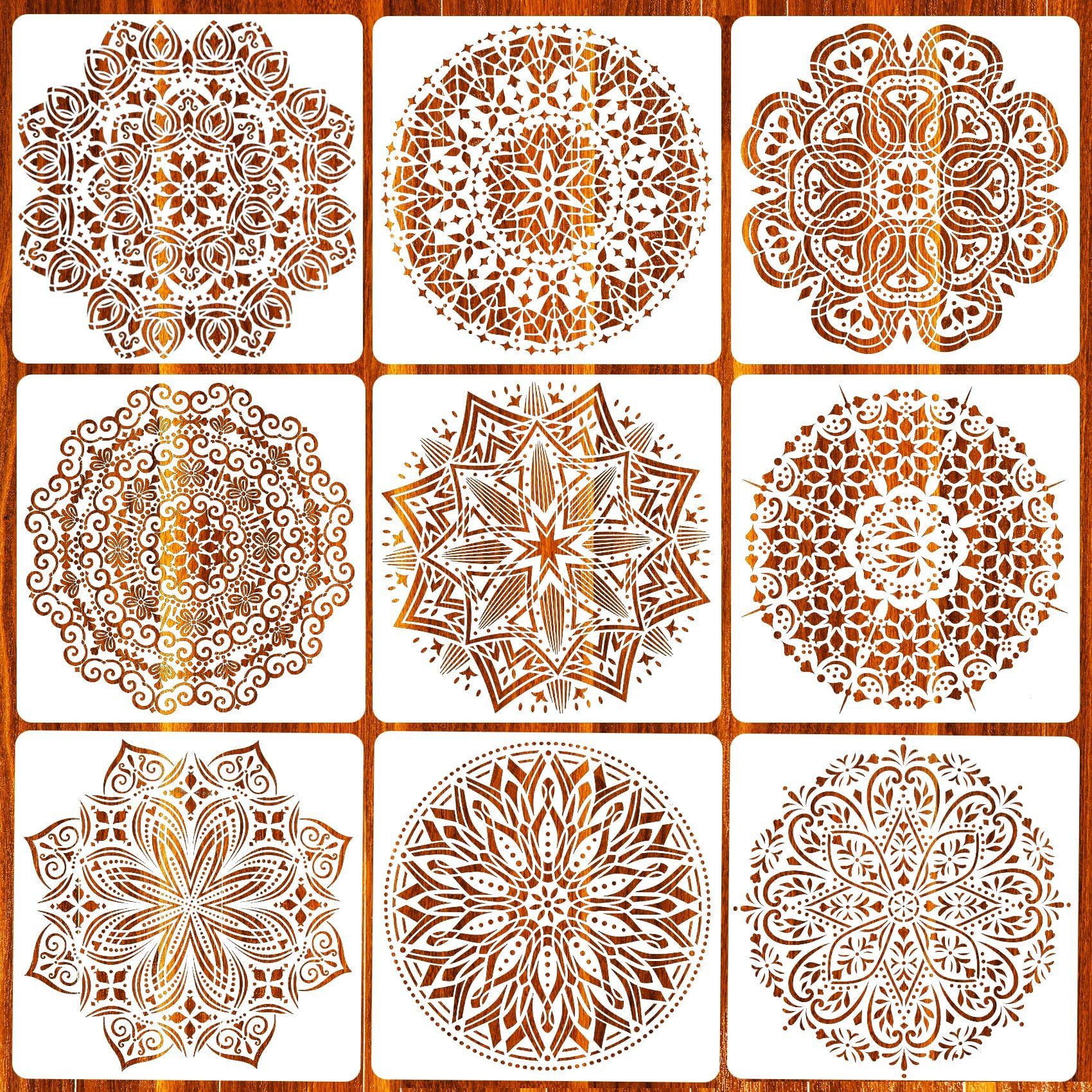 Eunvabir 9 Pack 12x12'' Mandala Stencils for Painting on Wood, Floor, Wall, Tile Fabric, Reusable Furniture Stencils Painting Template