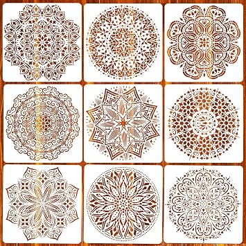 Eunvabir 9 Pack 12x12 Mandala Stencils for Painting on Wood, Floor, Wall, Tile Fabric, Reusable Furniture Stencils Painting Template