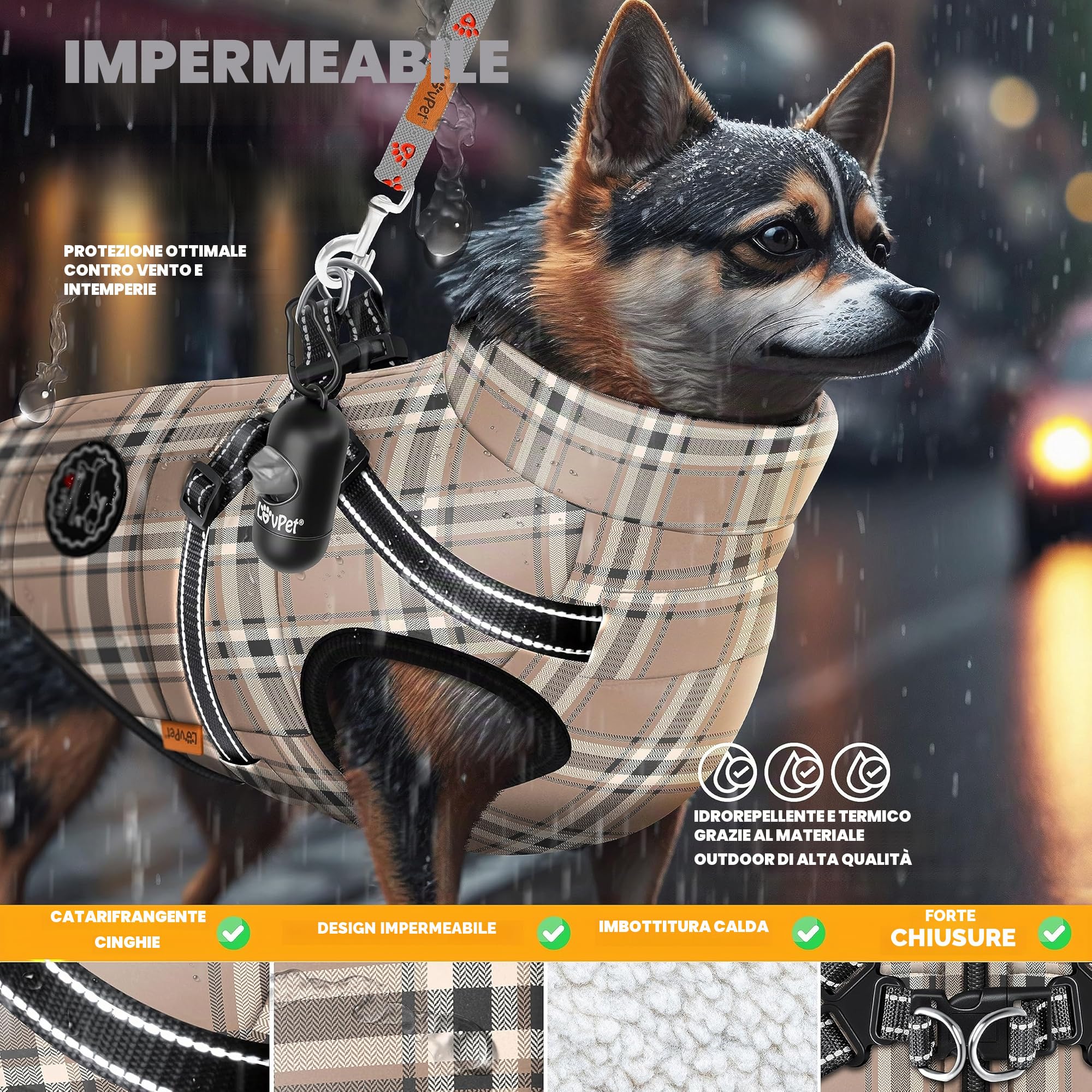 Lovpet® Giacca per Cani con Pettorina, con 45 Sacchetti per Escrementi + Dispenser per Cani, Gilet Invernale Imbottito, Impermeabile, con Cintura Toracica, riflettori, Anello a D 5XL, Beige