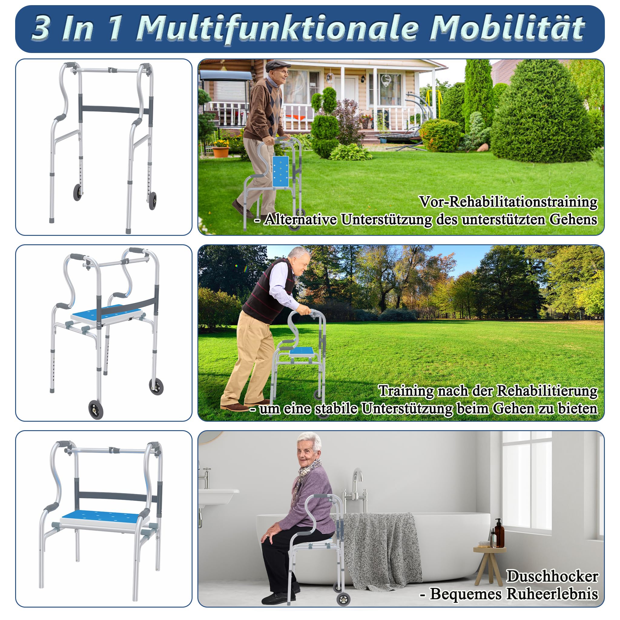 Aufun Pomoc w chodzeniu dla seniorów, lekki aluminiowy chodnik, wózek z regulacją wysokości, z 2 kółkami skrętnymi i ergonomicznymi uchwytami, antypoślizgowa stabilność, wąski rollator do mieszkania