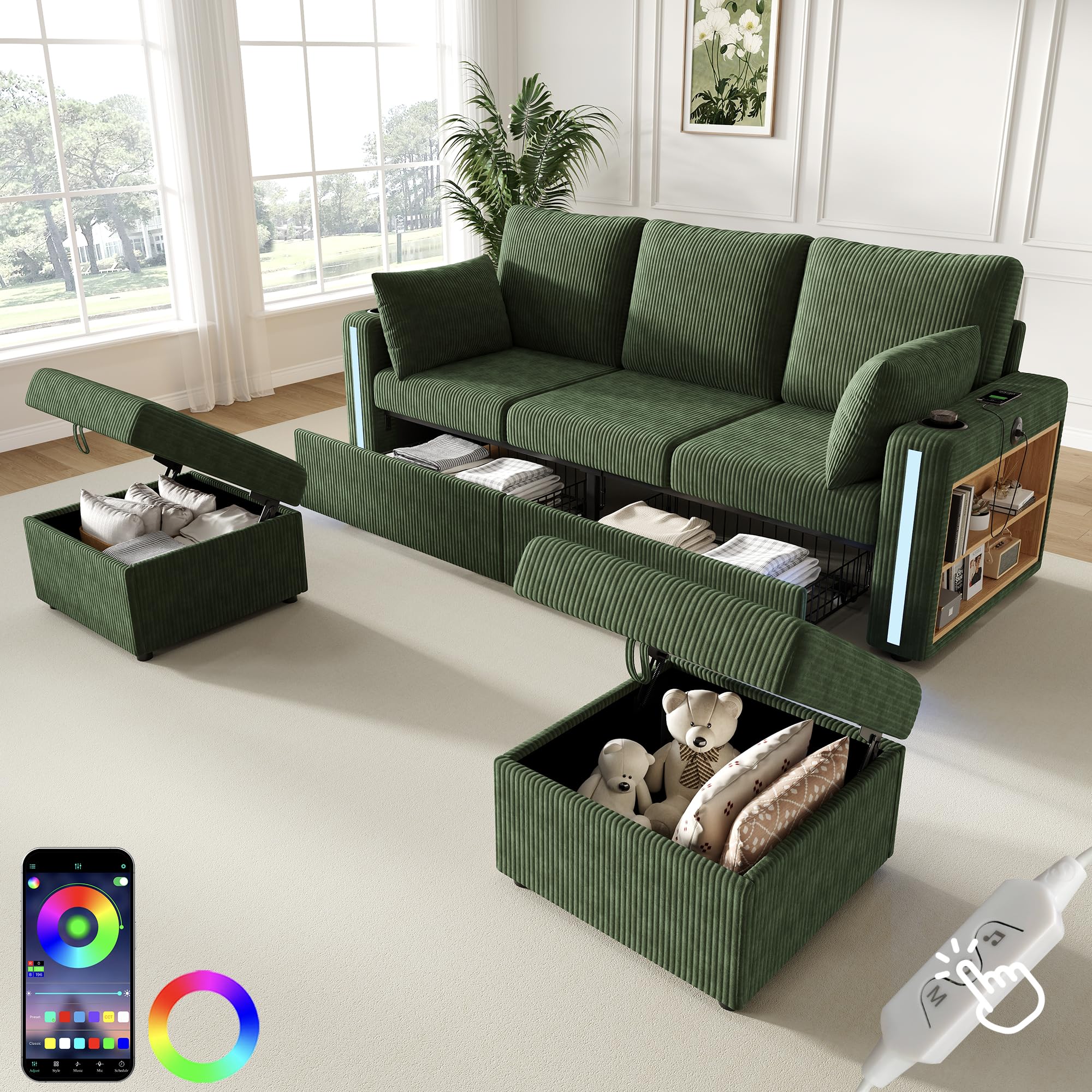 Modulare U-/L-Wohnlandschaft mit Stauraumhockern LED USB Grün