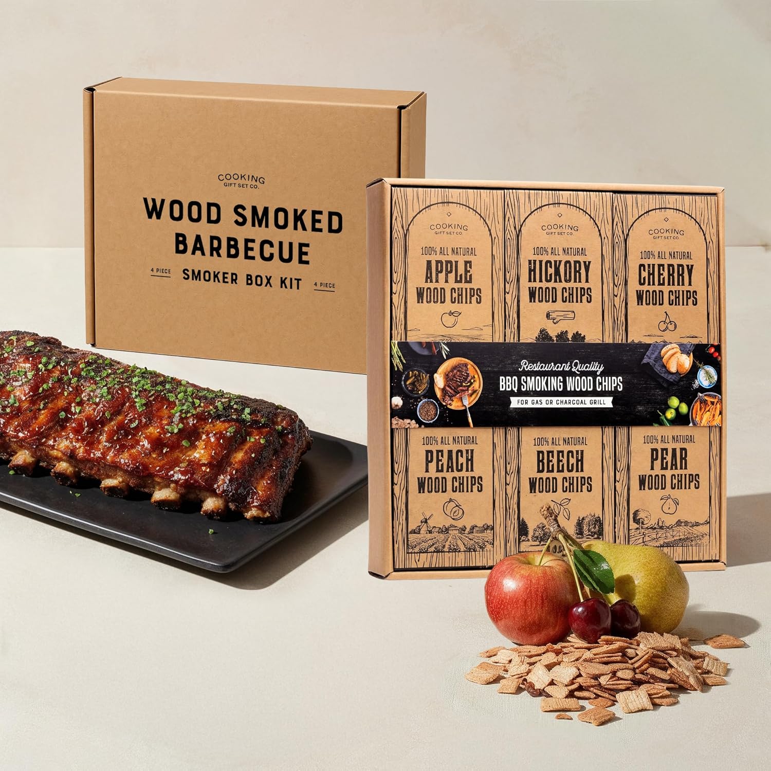 Starter BBQ Smoking Bundle – 6 Wood Chip Variety Pack + Stainless Steel Starter Smoker Box Kit