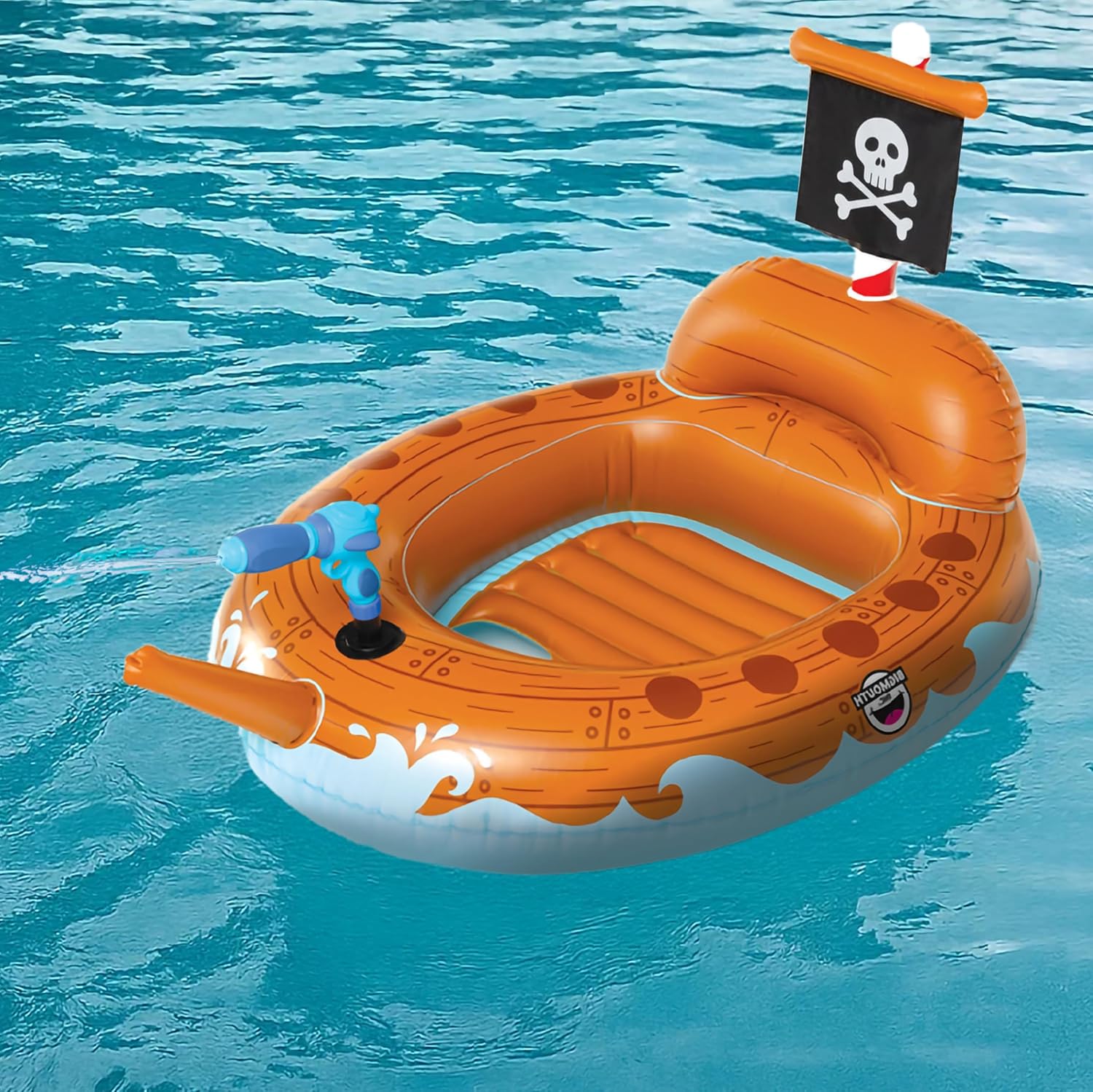 Pirate Ship Water Blaster Float, Inflatable Ride-On with Spray Gun for Kids, Outdoor Swim Toy
