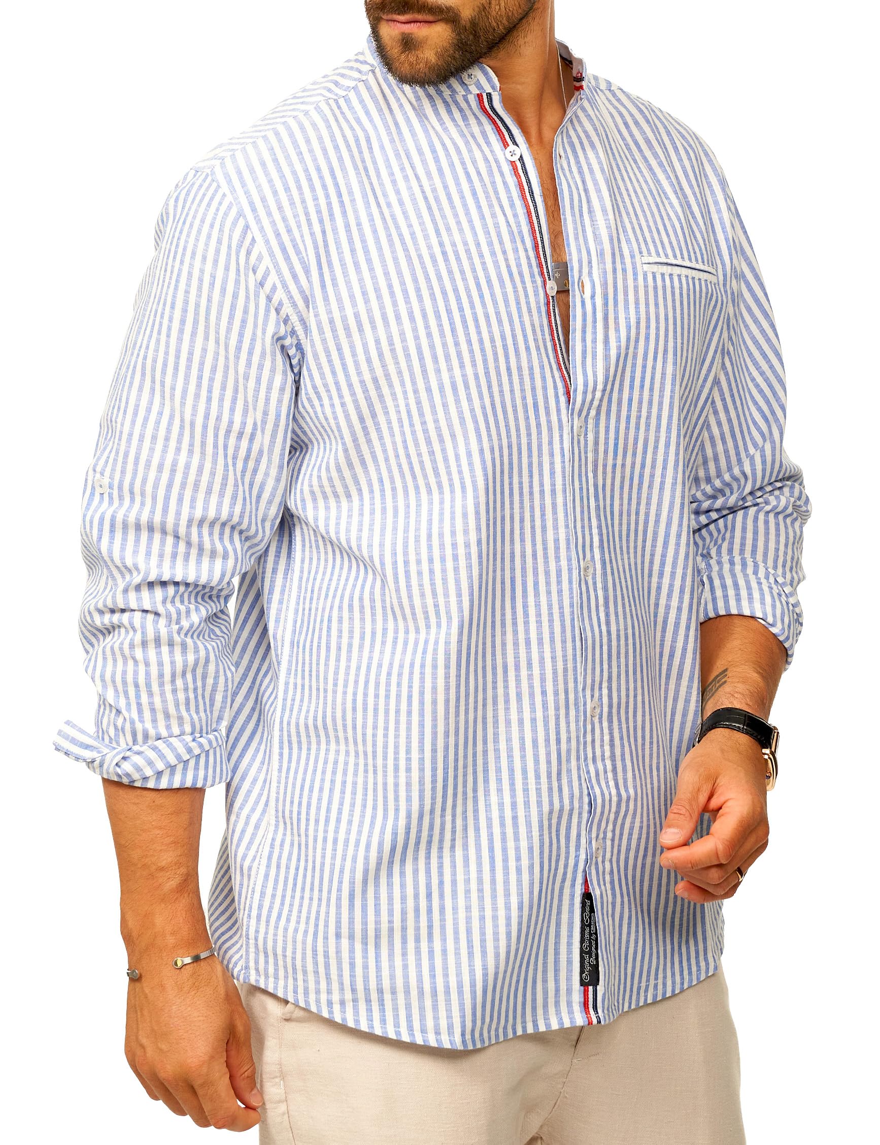 behype. Herren Leinenhemd als Langarmhemd Gestreift - Freizeithemd im Regular-Fit mit Stehkragen Sommerhemd - Strandhemd im Sommer-Look für Männer