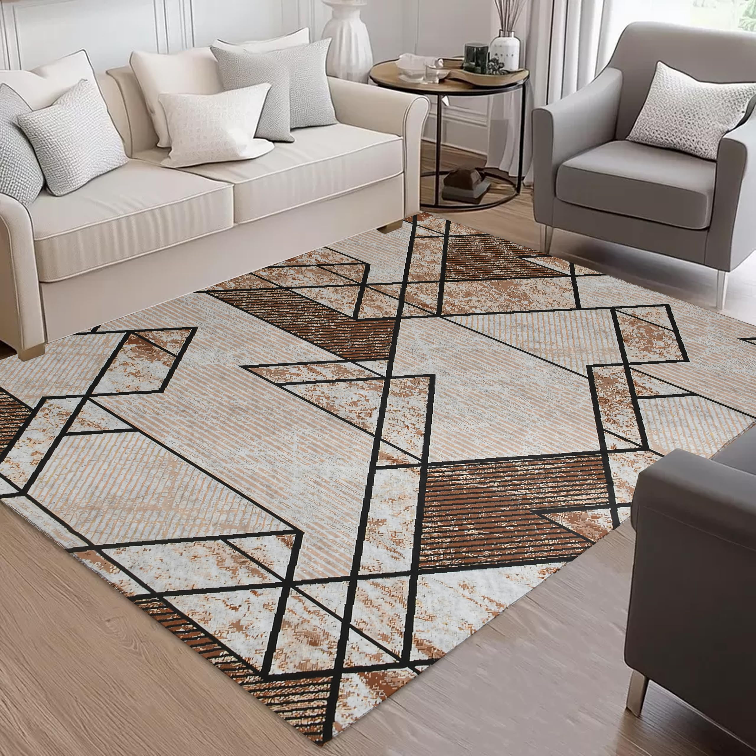 Cotton Bolls Textiles Printed Flat Room Carpet, Plain Rug for Living Room, 5 x 7 Feet |Traditional Rug for Living Room | Beige Brown-picture-24