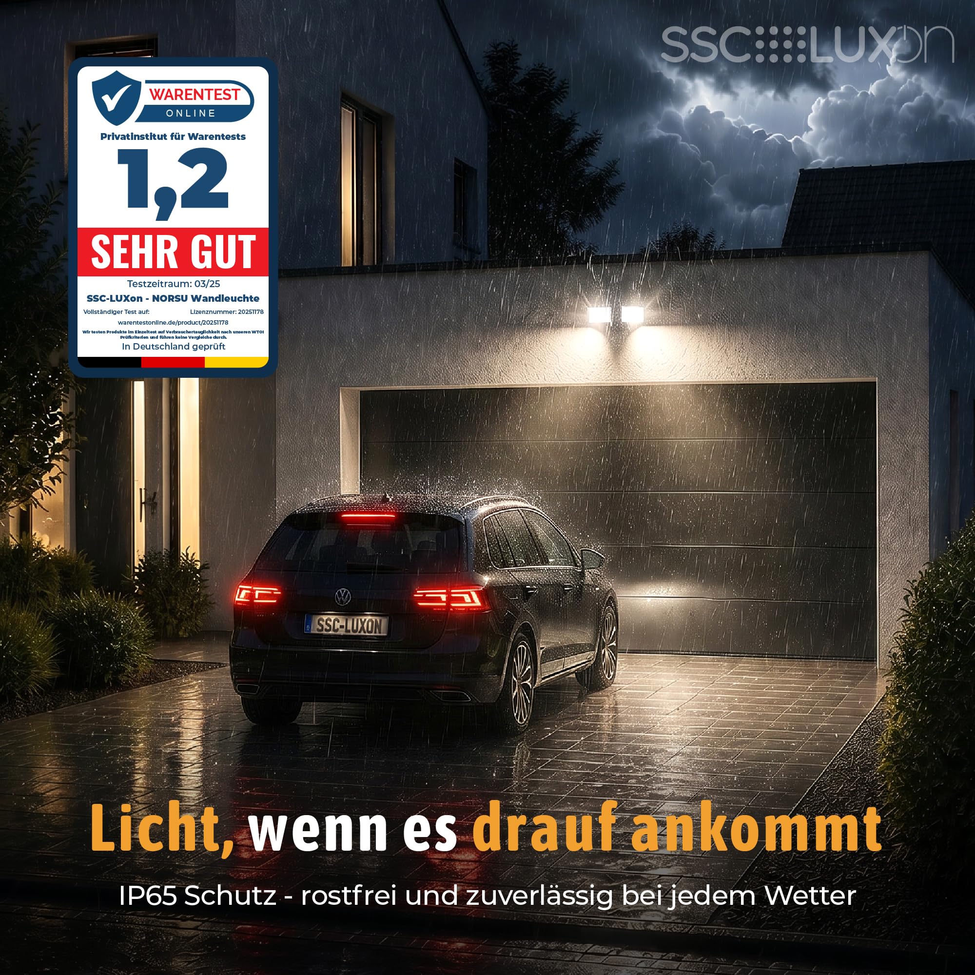 SSC-LUXon Norsu lampa zewnętrzna z czujnikiem ruchu, podwójny reflektor – lampa zewnętrzna z adapterem narożnym i czujnikiem zmierzchu IP65 neutralna biel