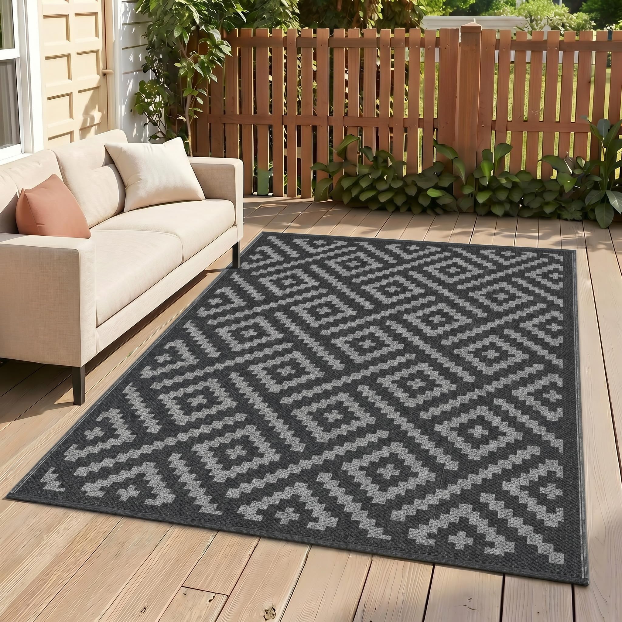 GENIMO Waterproof Outdoor Rug Reversible Garden Carpet 150x240cm Blackgrey