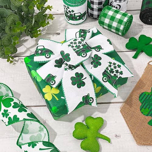 Miniatura 5 de AnyDesign 6 rollos de cinta de borde con alambre del día de San Patricio de 25 pulgadas verde negro blanco búfalo cinta de tela para envolver
