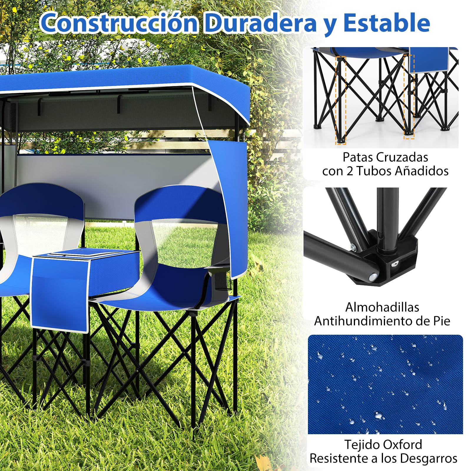 GOPLUS Silla de Playa con Dosel Ajustable, Silla Plegable de Camping Sobredimensionada con Sombra Enrollable, Bolsa Enfriadora, Portavasos, Bolsa de Transporte, para 2 Personas (Azul)