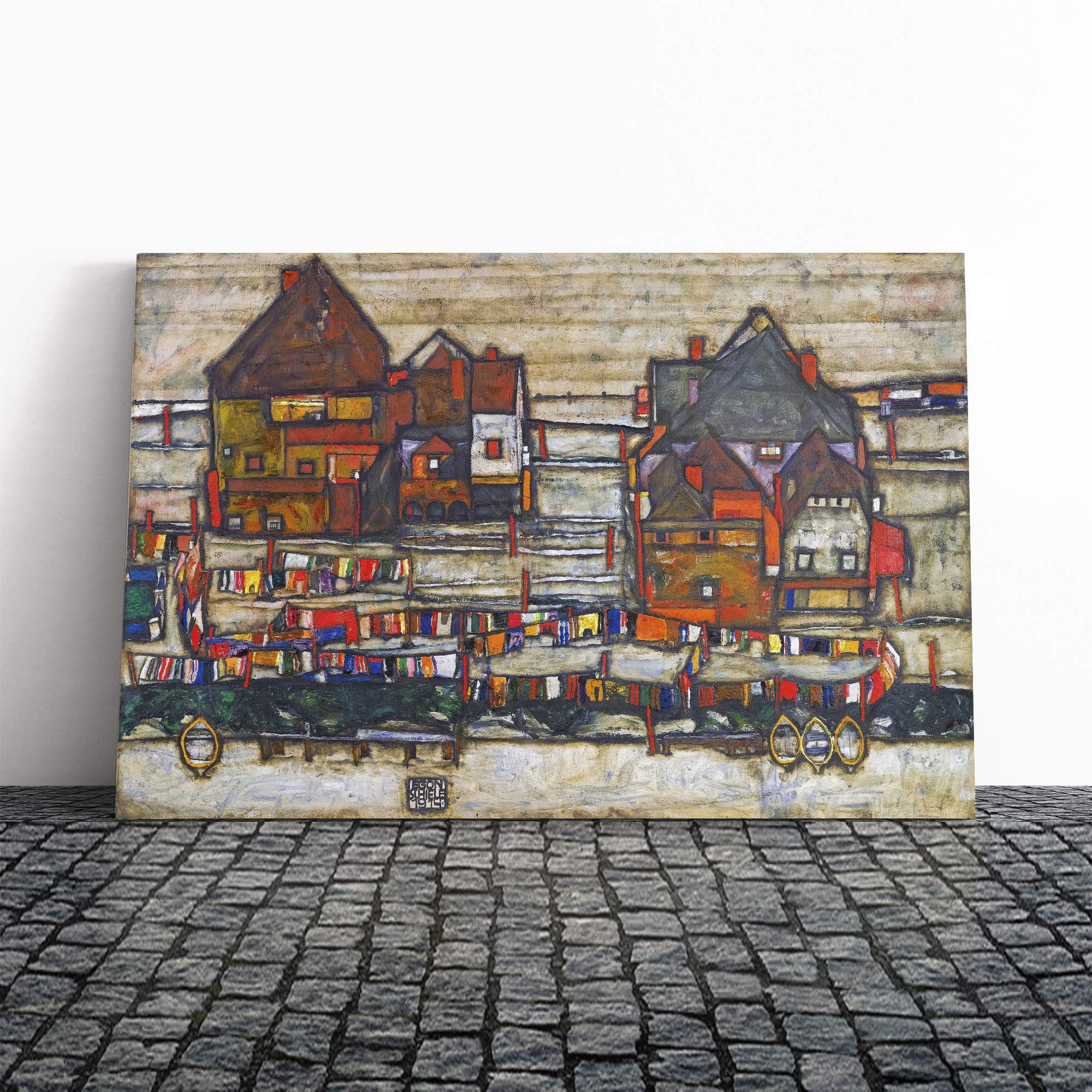 Egon Schiele Houses with Laundry Canvas Print | Gallery Wrapped 30mm Frame Wall Art | 24x16 inches | Ready to Hang | Modern Picture | Living Room Bedroom Lounge Office