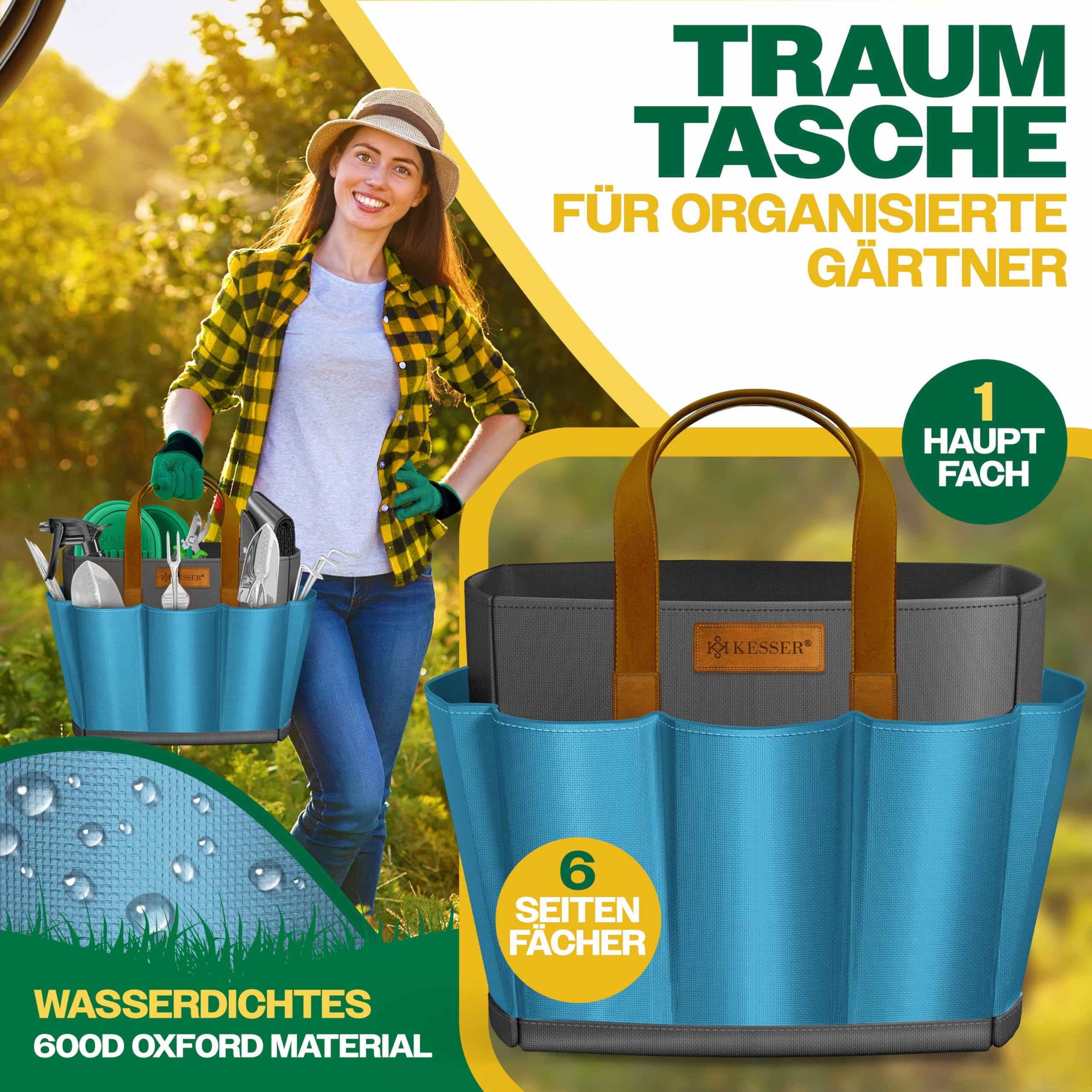 KESSER® Gartenwerkzeug Set 10-teilig mit ergonomischen Holzgriffen inkl. wasserdichte Tasche aus 600D Oxford-Material, Knieschoner, Pflanzmatte, Sprühflasche, Gartenschere, Handschuhe für Gartenarbeit