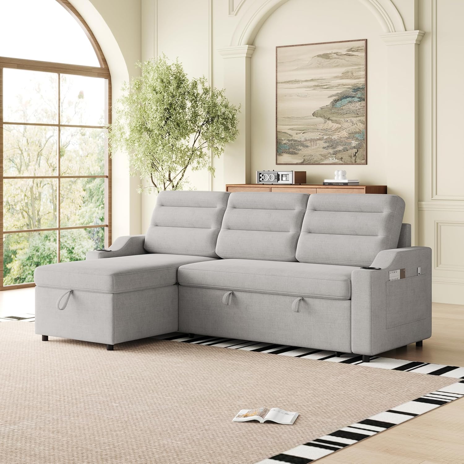 Modern Convertible Sleeper Combo Sofa Bed with Storage, Comfortable Fabric Couch with Recliner and Cup Holder, Light Grey