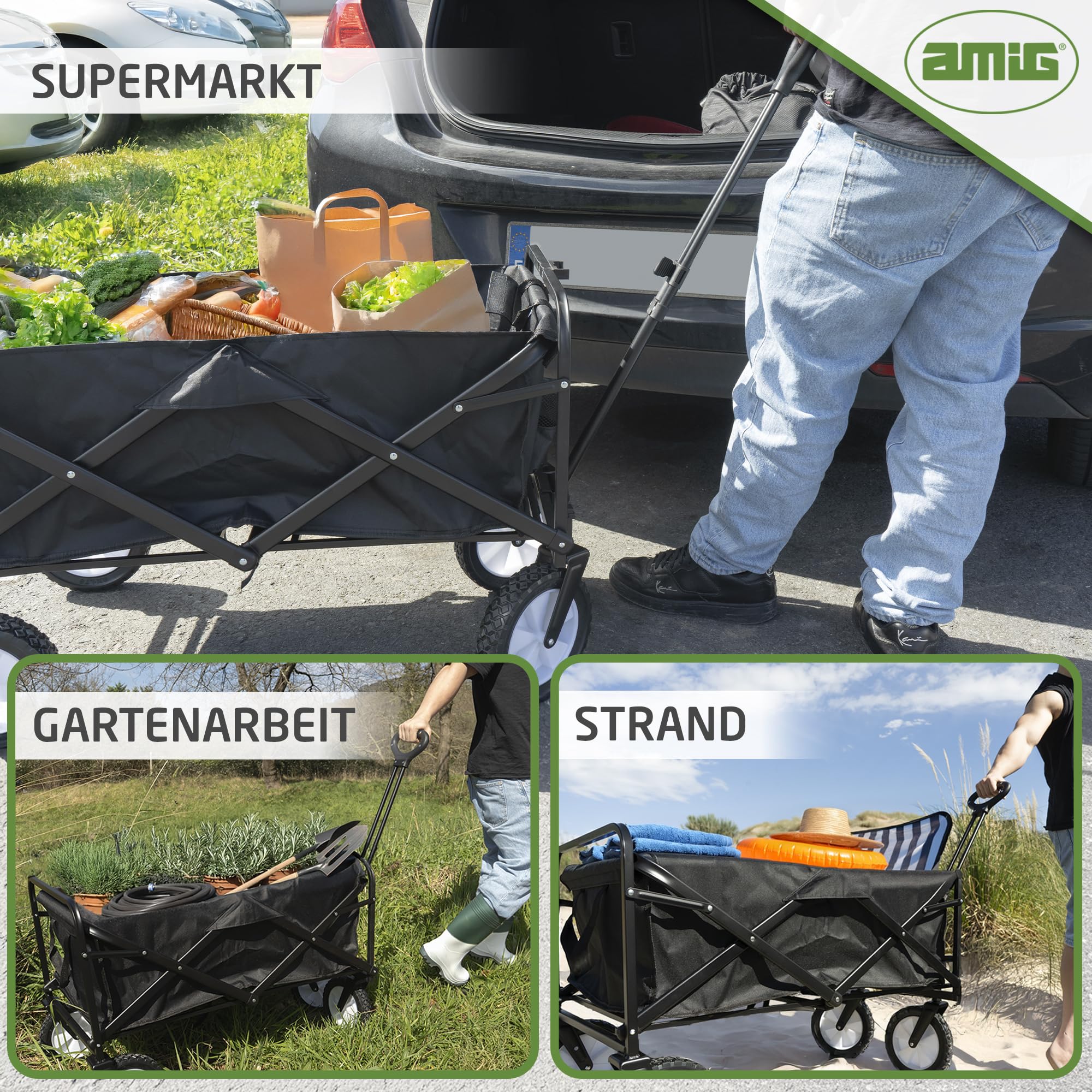 Amig - Faltbarer Gartenwagen Strandwagen mit wasserdichtem Oxford-Gewebe Farbe Schwarz 20 cm Durchmesser 360º Räder Maximale Tragkraft 100 kg