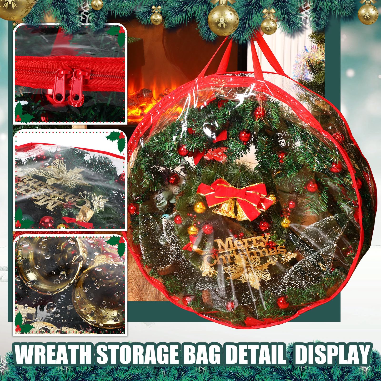 Shappy Contenitore per ghirlande natalizie, 76 cm, in plastica trasparente, con doppia cerniera e manici, per Natale, Ringraziamento, vacanze, ghirlande artificiali (trasparente, rosso, 6)