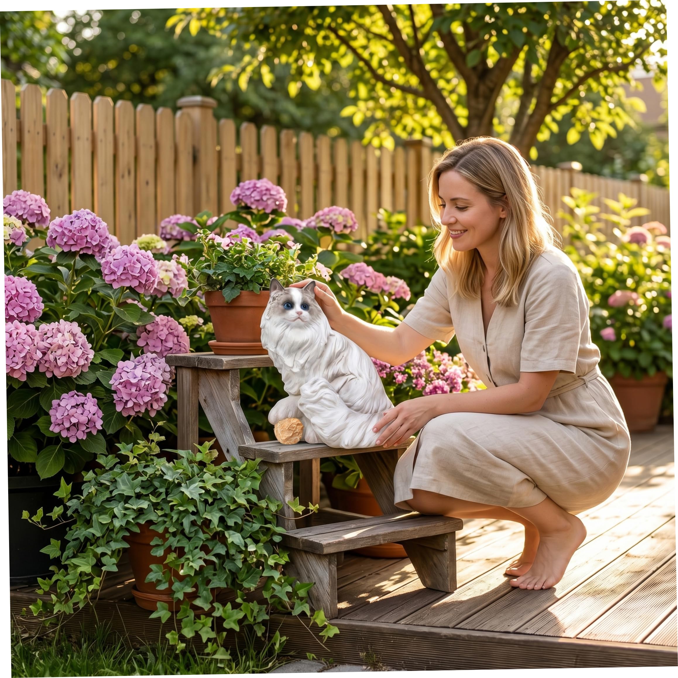 Statua da Giardino per Gatti, Statuetta realistica di Gatto Ragdoll - Statua da Esterno in Resina per Decorazione di Cortile e Balcone, Bianca, Alta 9, 06 Pollici, per Esterno