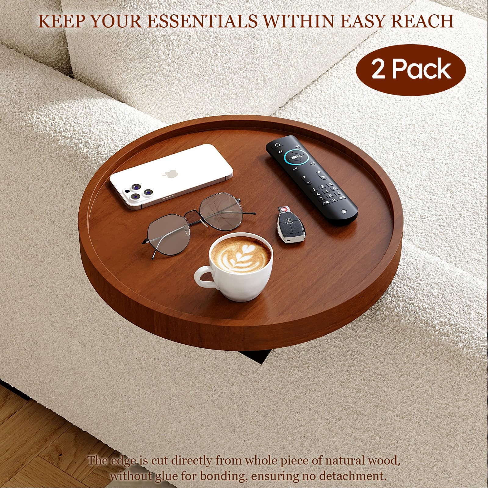 Juego de 2 mesas de madera natural para sofá, bandeja ajustable con clip para el brazo con soporte para teléfono, bandeja para brazo de sofá, mesa de brazo para sofás, bandeja redonda para