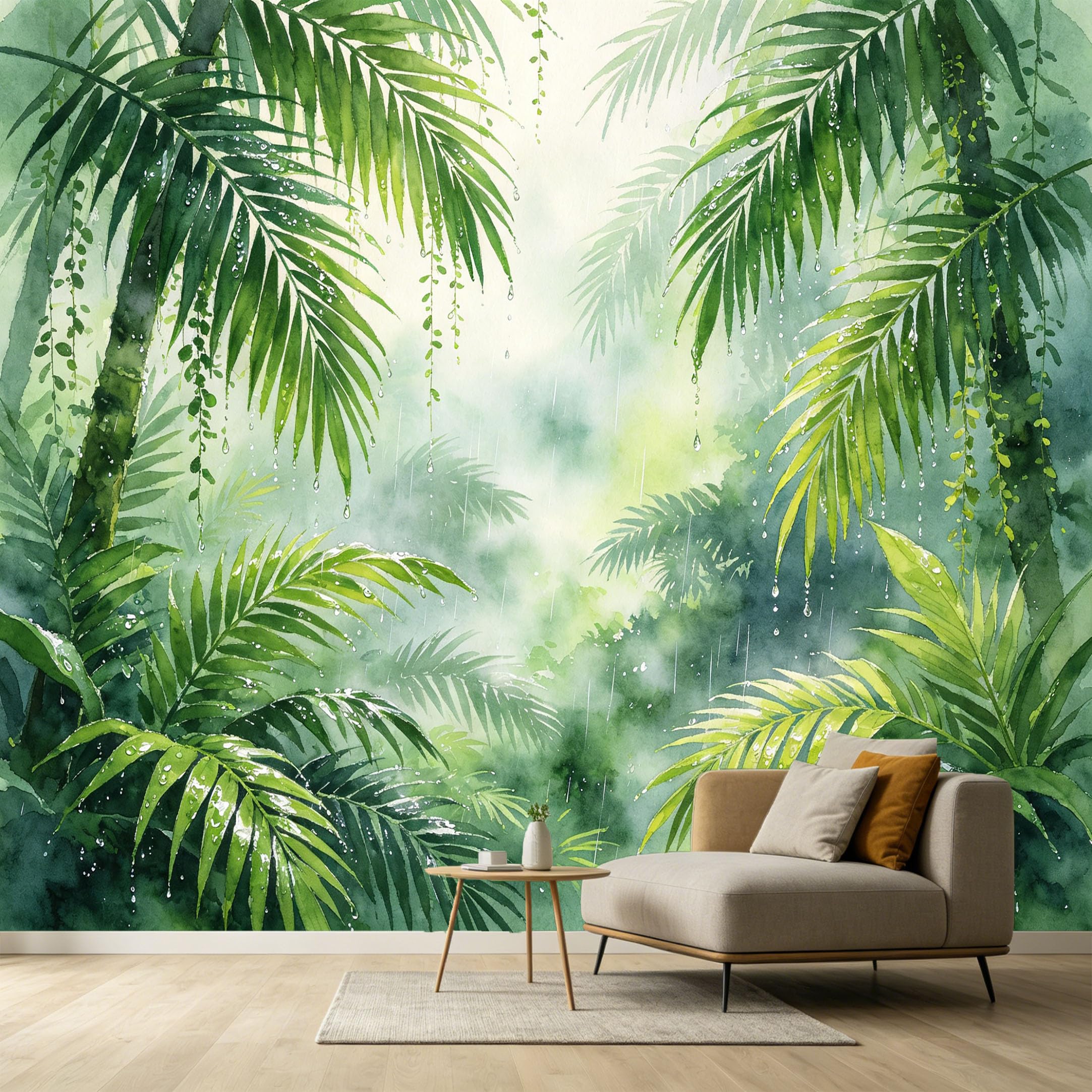 Custom Size Wall Murals Tropical Botanical Watercolor Rain Forest Palm Leaves SelfAdhesive Wall Fabric Removable Large Wallpaper for Photo Living Room