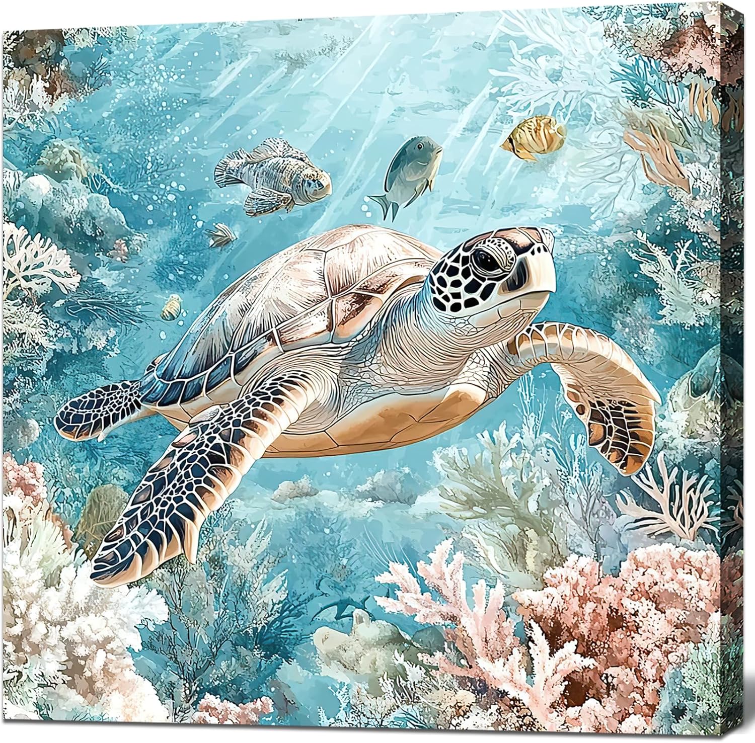 DUOHUTRA Sea Turtle Bathroom Wall Decor Ocean Theme Canvas Wall Art Coastal Nautical Prints Picture Watercolor Coral Marine Life Painting for Kid Bedroom Living Room Home Decoration 20"x20"