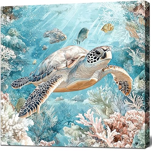 Sea Turtle Bathroom Wall Decor Ocean Theme Framed Canvas Wall