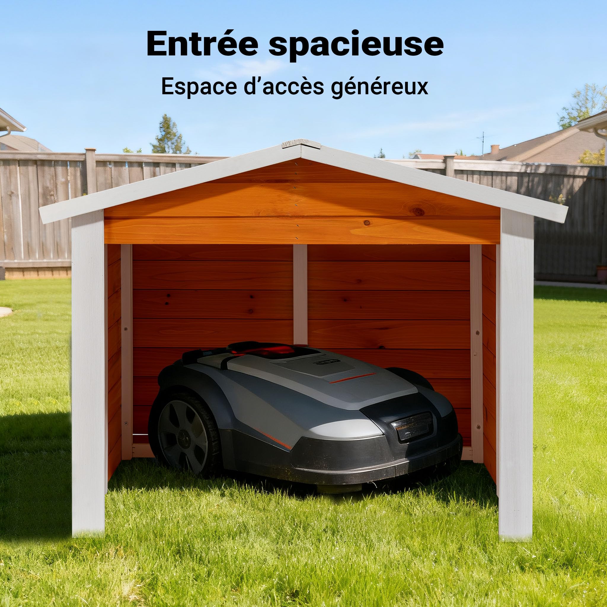 Wiltec Garage de Robot Tondeuse – 870 x 800 x 700 mm – Couleur Orange Noir – en Bois et avec Toit incliné – Abri Carport de Jardinage Tonte de Gazon