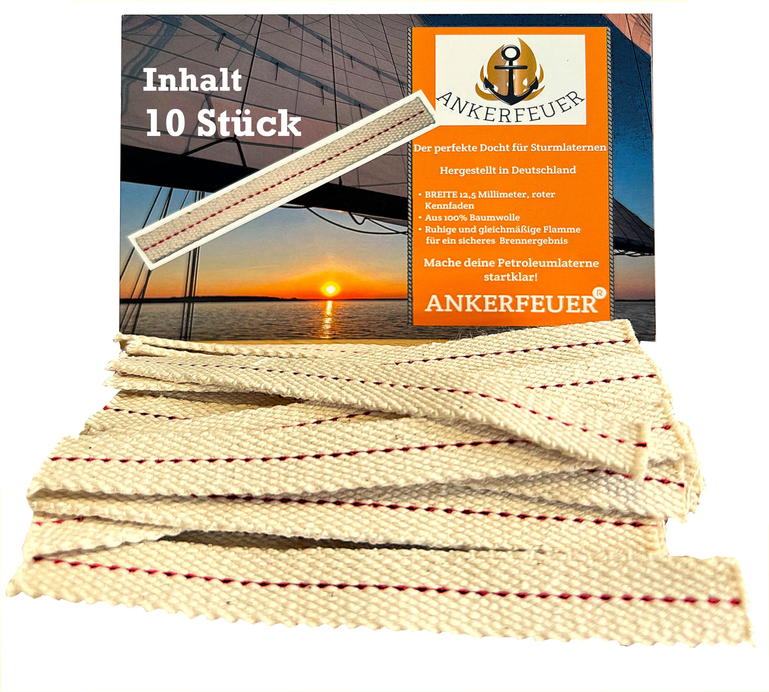 Ankerfeuer Beige Pack Of 10 Wicks 12 Cm 100% Cotton Red Identification Thread 12.5 Mm Wide + Exactly Compatible With Feuerhand Storm Lantern 276 And Other Petroleum Lanterns, Flat Wick Durable + Safe