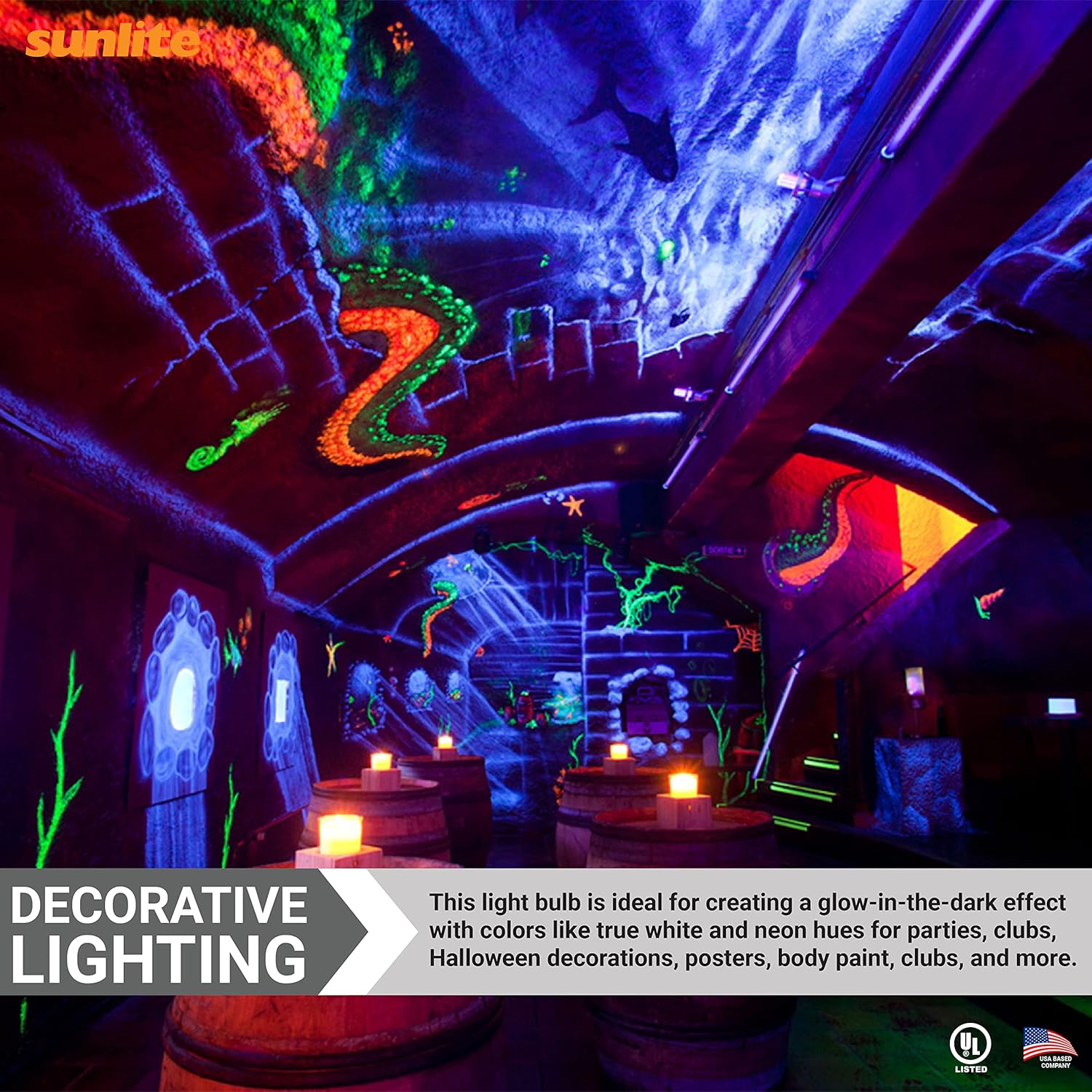 Sunlite 80115 LED A19 Black Light Bulbs, 6 Watts (40W Equivalent), 405nm Wavelength, UV Blacklight Blue Purple, Medium E26 Base, Glow in The Dark, Halloween Lights, Party Lamp, Body Paint, 1 Count