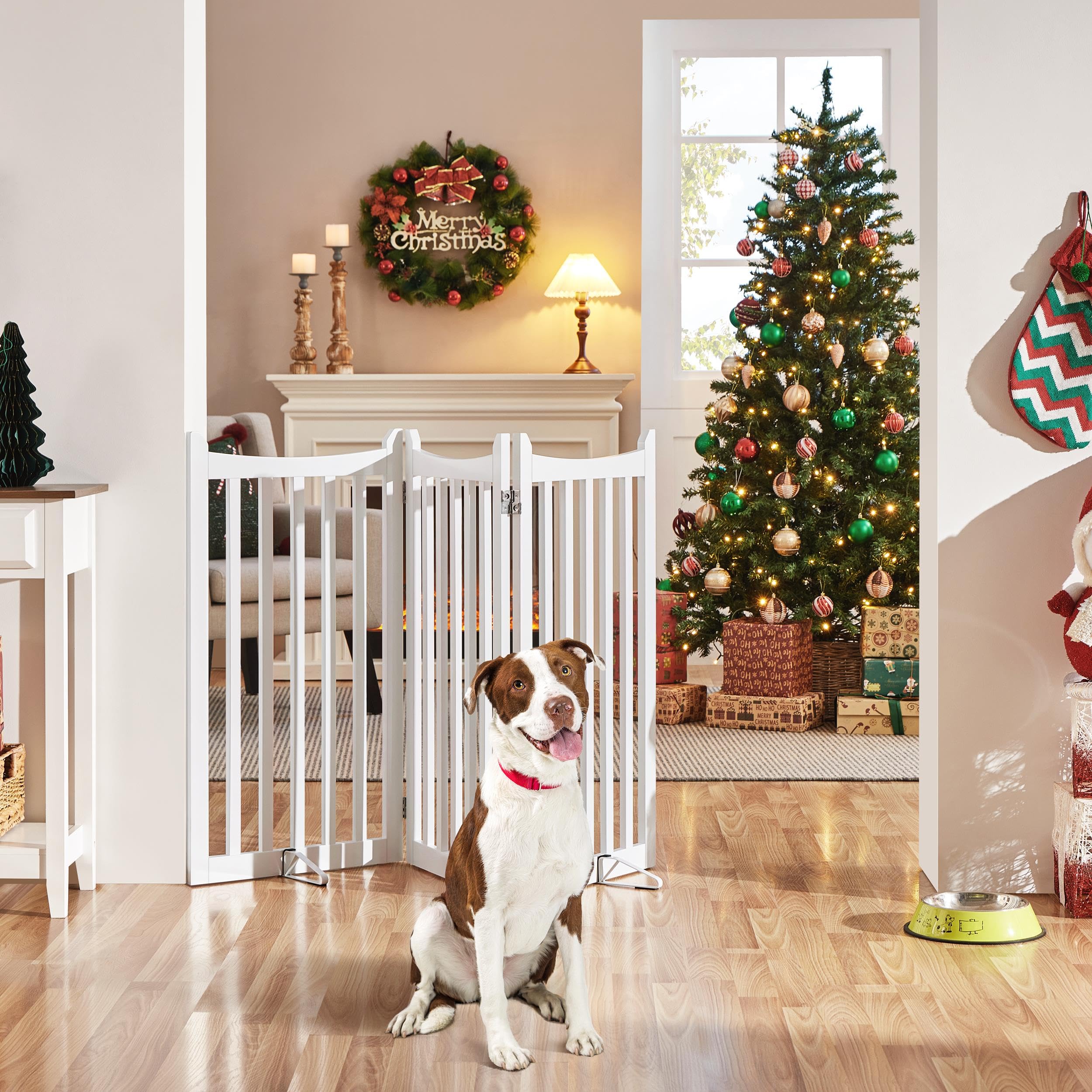 Yaheetech Barrière de Protection pour Chien, 90,5 x 151,5 cm, avec 2 Pieds de Support, Pliable, pour Cuisine, Couloir, escalier, Balcon, 3 Panneaux, Blanche