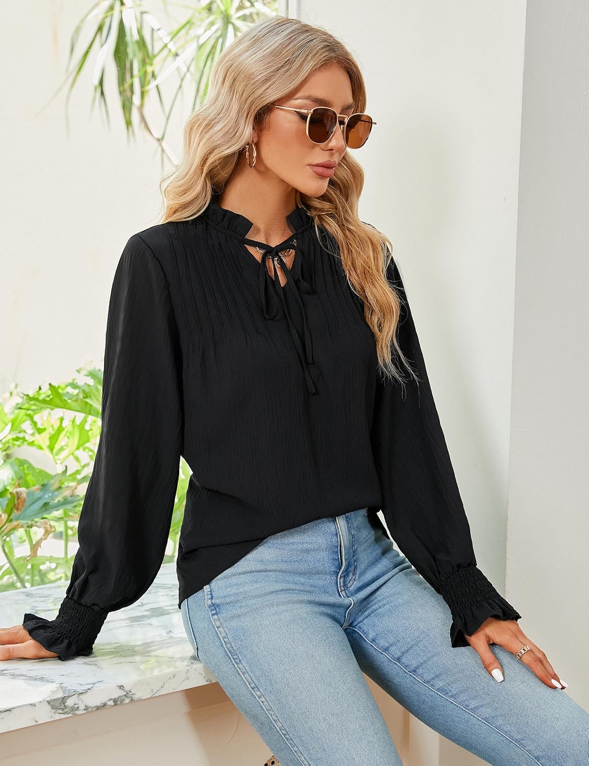 Blooming Jelly Womens Dressy Casual Tops Mock Neck Business Work Blouses Swiss Dot Keyhole Fall Fashion 2023 - Image 5