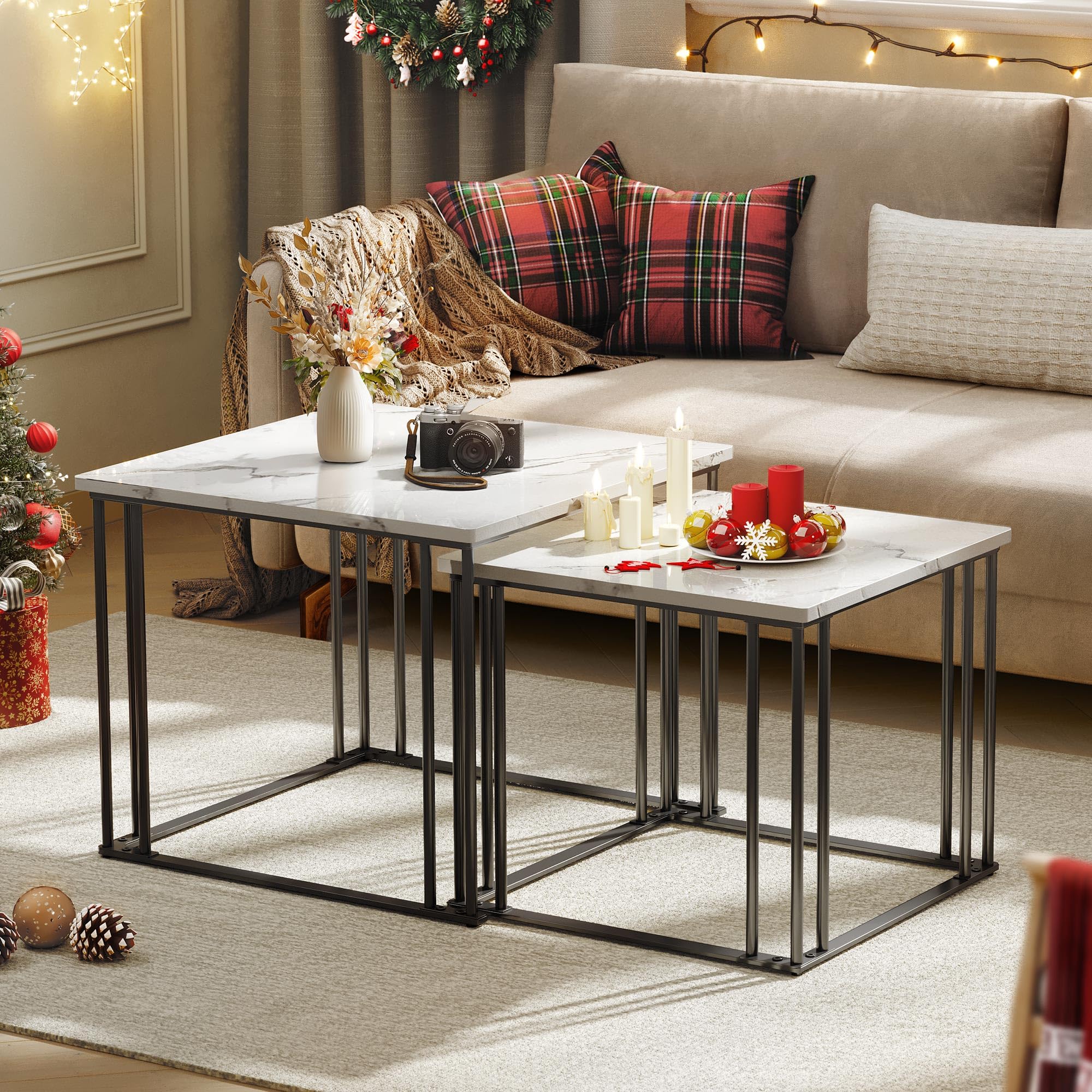 YITAHOME Set di 2 tavolini da salotto in legno, moderni tavolini da cocktail con struttura in metallo, per soggiorno, sala da pranzo, cucina, bianco