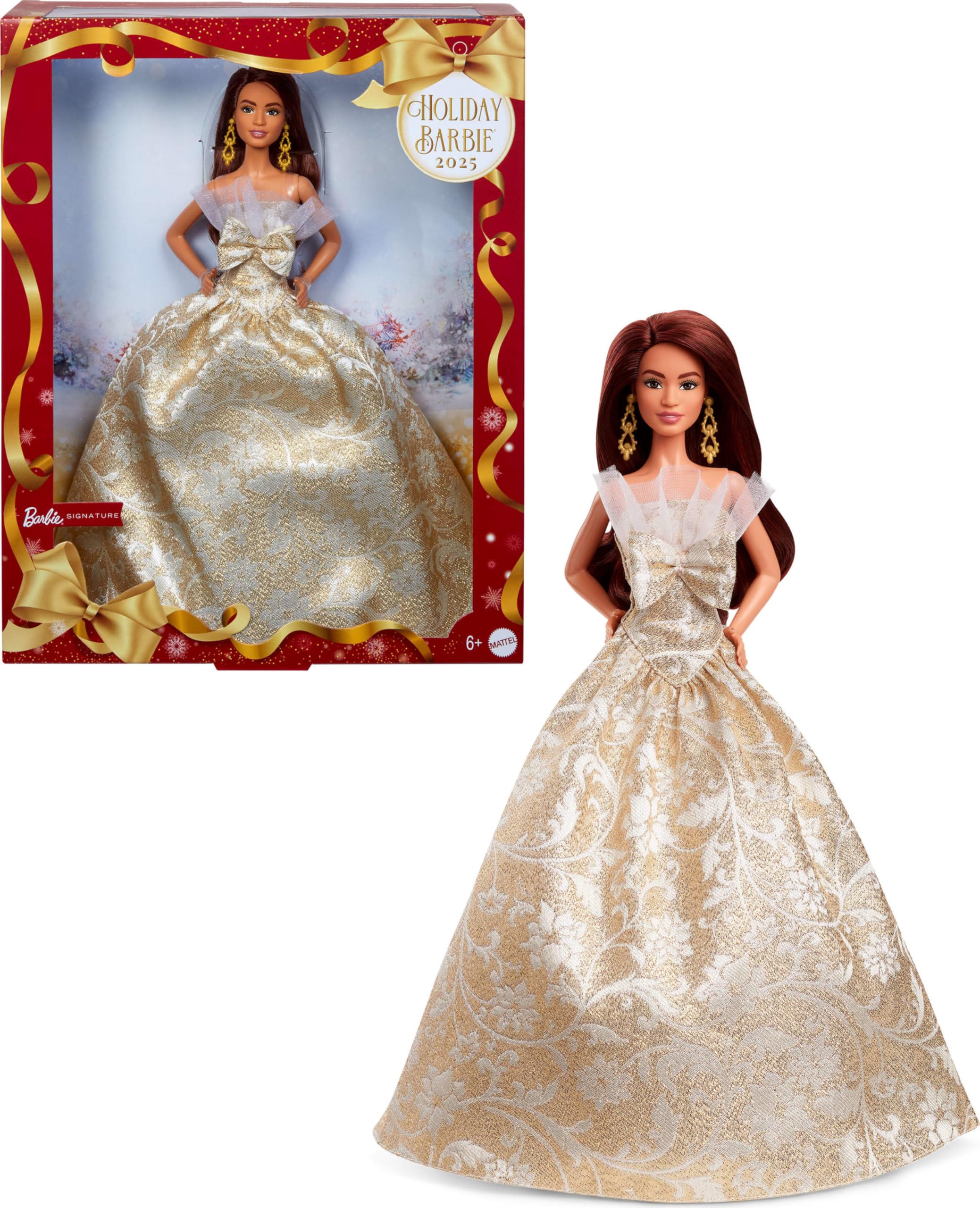 Barbie JBH97 Holiday Barbie Long Hair Signature Maison de poupée Noire pour 6 Ans et Plus Doré