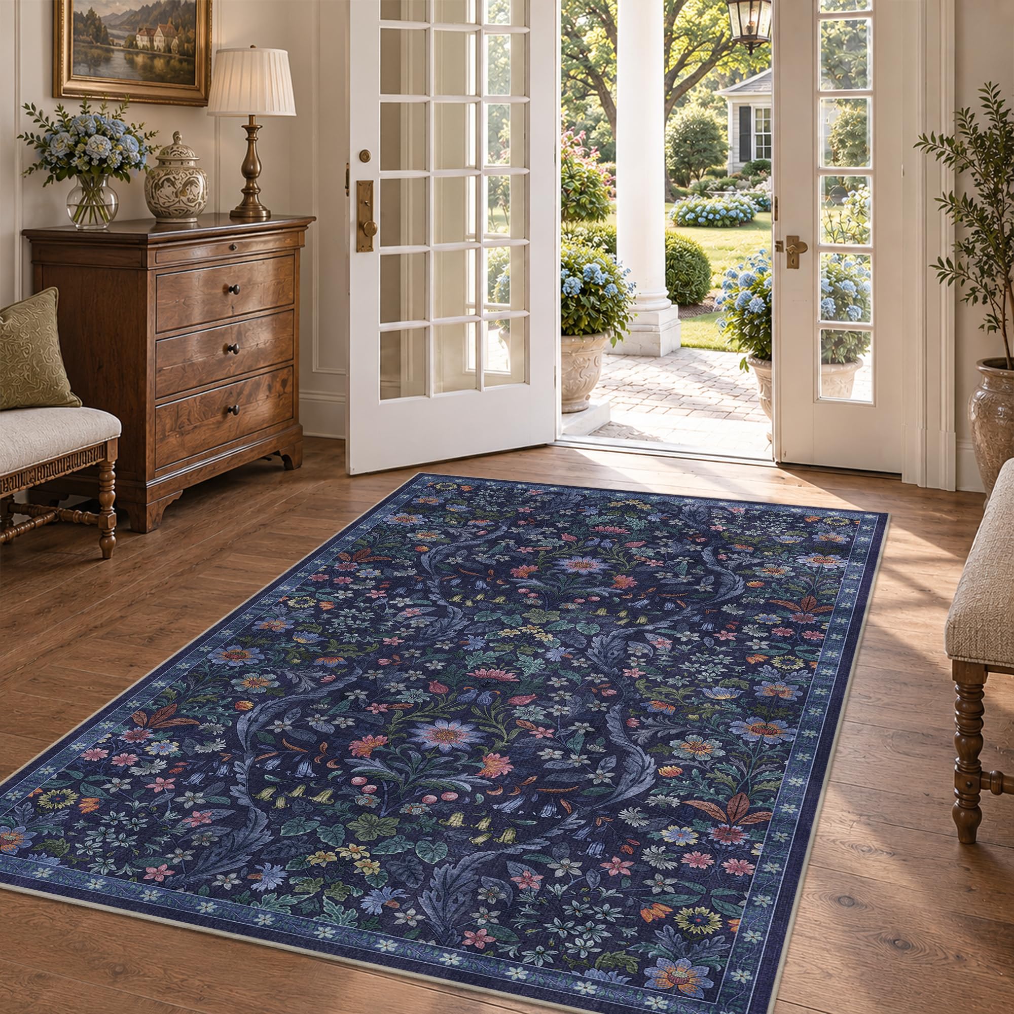 3x5 Throw Rug Floral Print Blue Rug Soft Low Pile for Entryway