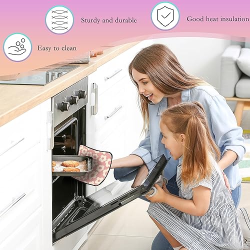 Miniatura 5 de Guantes de horno y soportes para ollas de cocina con flores retro, juego de 2 piezas, almohadilla resistente al calor para hornear, barbacoa,