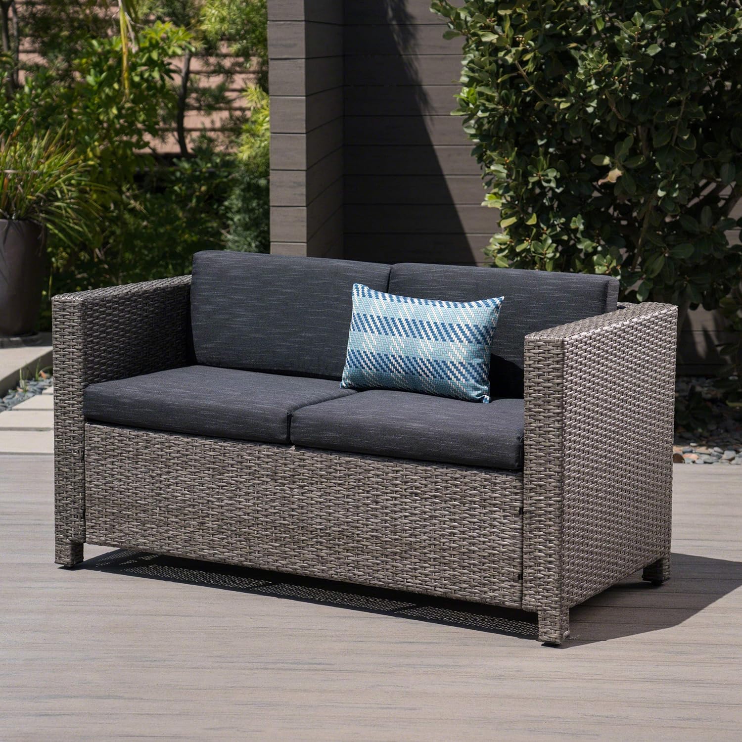Christopher Knight Home Puerta Outdoor Wicker Loveseat with Cushions, Grey / Mixed Black Cushions : Patio, Lawn & Garden