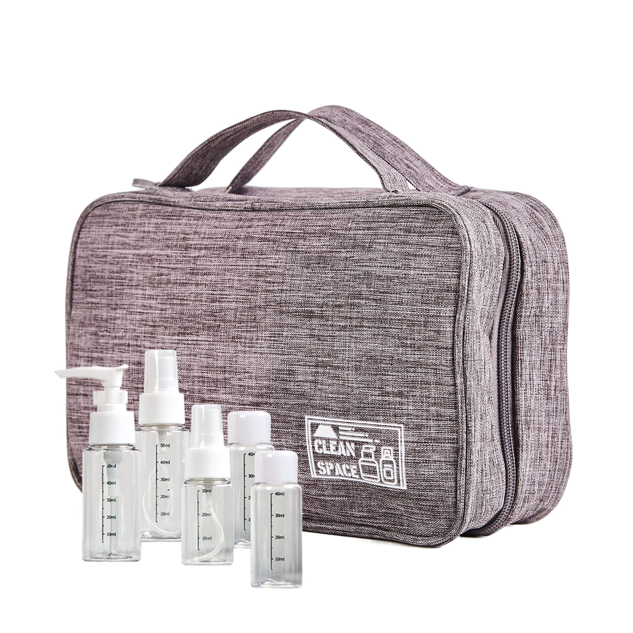 Toiletry Bag Travel Bag with 5 Travel-Size Bottles, Hanging Hook, Water-resistant Makeup Cosmetic Bag, Large Foldable Dopp, Travel Organizer with 3 Compartments for Toiletries & Cosmetics