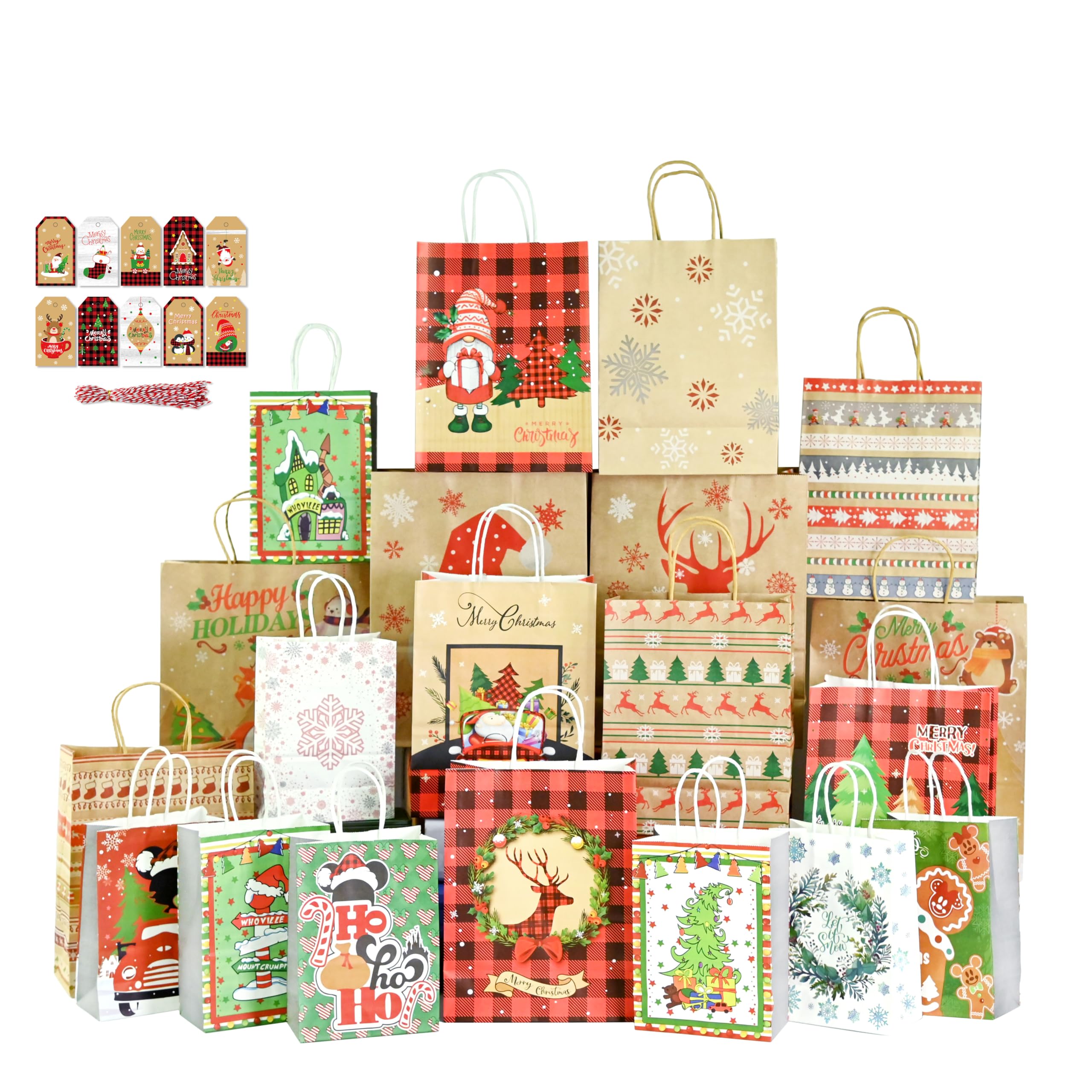 RYMILIE20 Kraft Christmas Gift Paper Bags Bulk with handles and 20 Count Christmas Gift Tags set for Wrapping Xmas Holiday Presents(8 Small,8 Medium,4 Large)