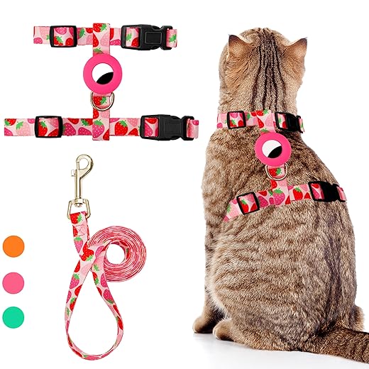 Cat Harness and Leash, Escape Proof Walking Travel Outdoor Nylon Adjustable Harness with Airtag Holder for Small and Large Cats